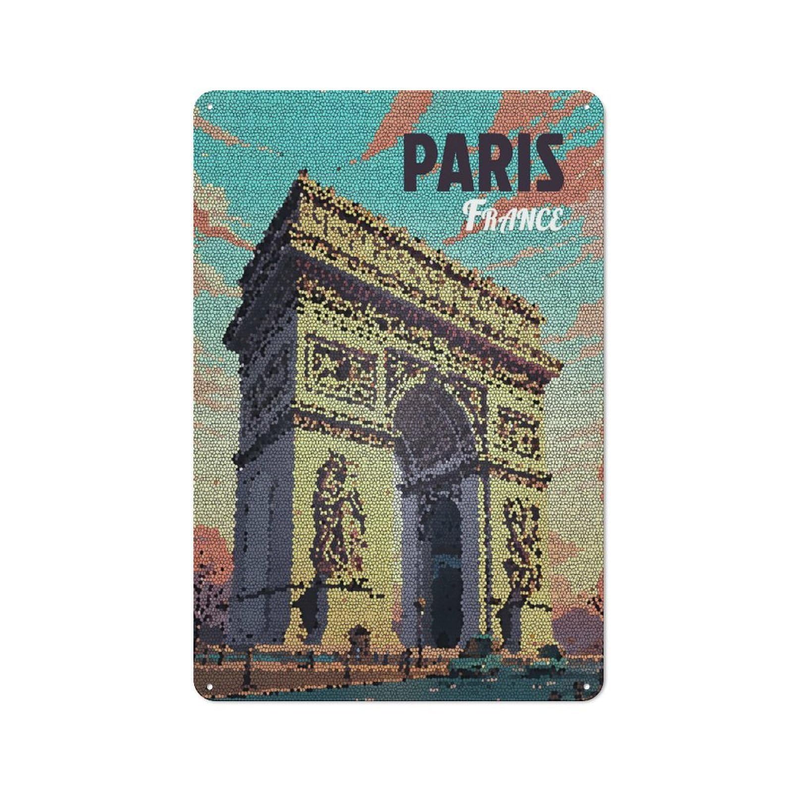 Junmoney Style-12 Paris France Arc De Triomphe Mosaic Retro Metal Wall Decor 30X20cm, Vintage Metal Sign For Cafe, Pub, Workshop Or Home Bar