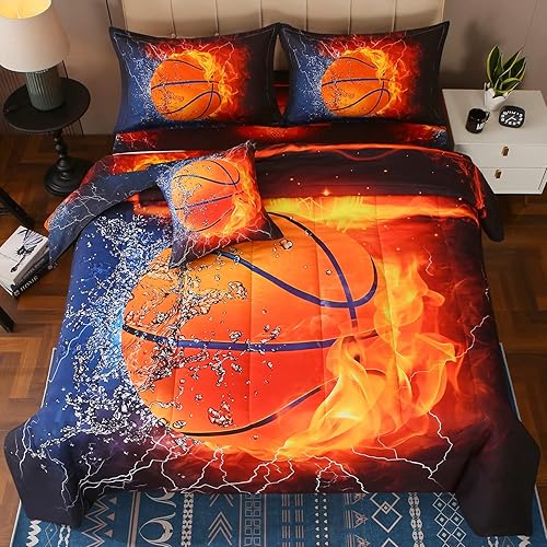 Miniatura 9 de JQinHome Juego de edredón completo de béisbol y fuego para niños, ropa de cama de 6 piezas en una bolsa, ropa de cama con temática deportiva 3D,