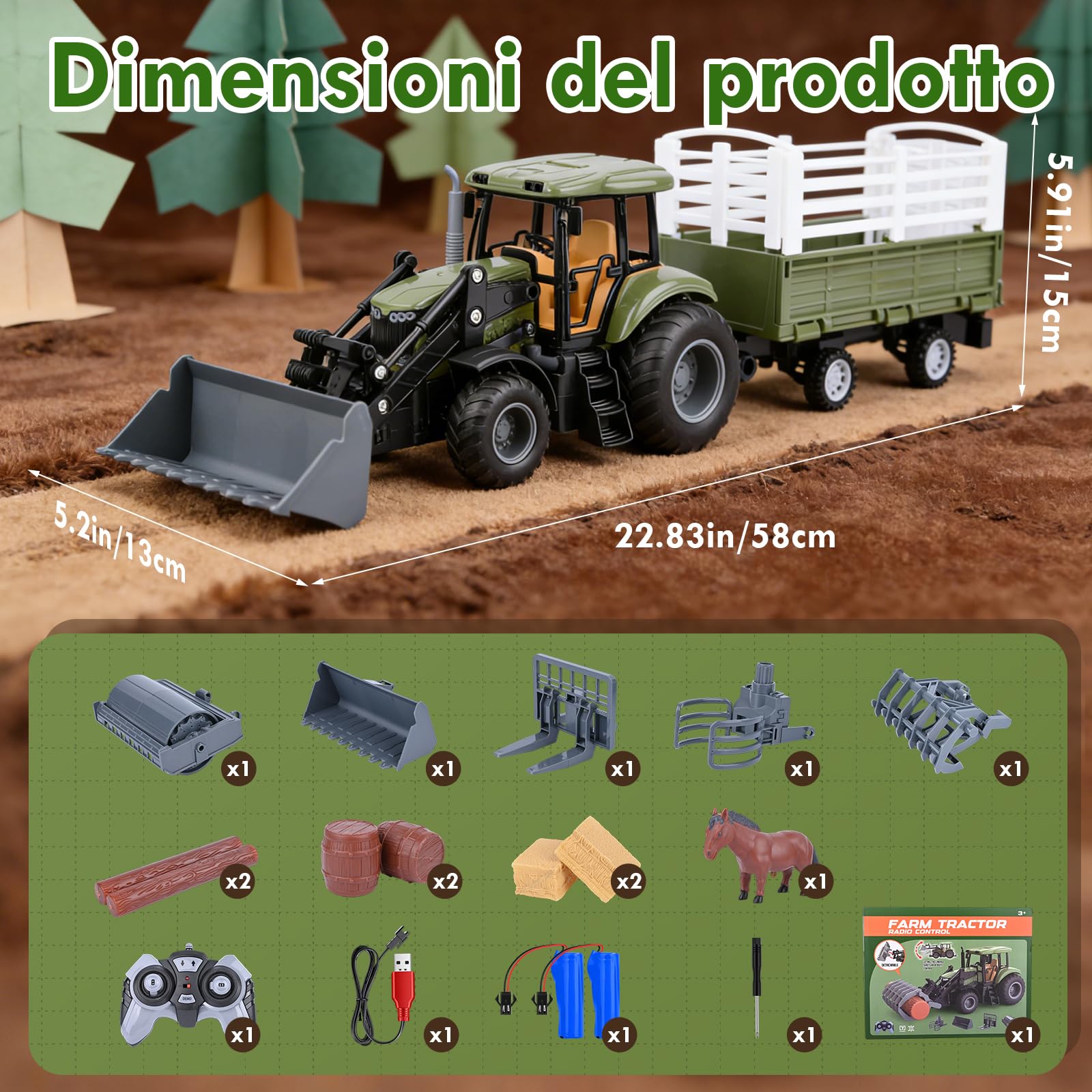 Trattore Telecomandato per Bambini, RC Trattore Telecomandato con Rimorchio, 2.4GHz Telecomando & App, 5x Fronte del Veicolo, Cavallo, Botte di Vino, Pagliaio, Giocattolo per Bambini da 3 Anni