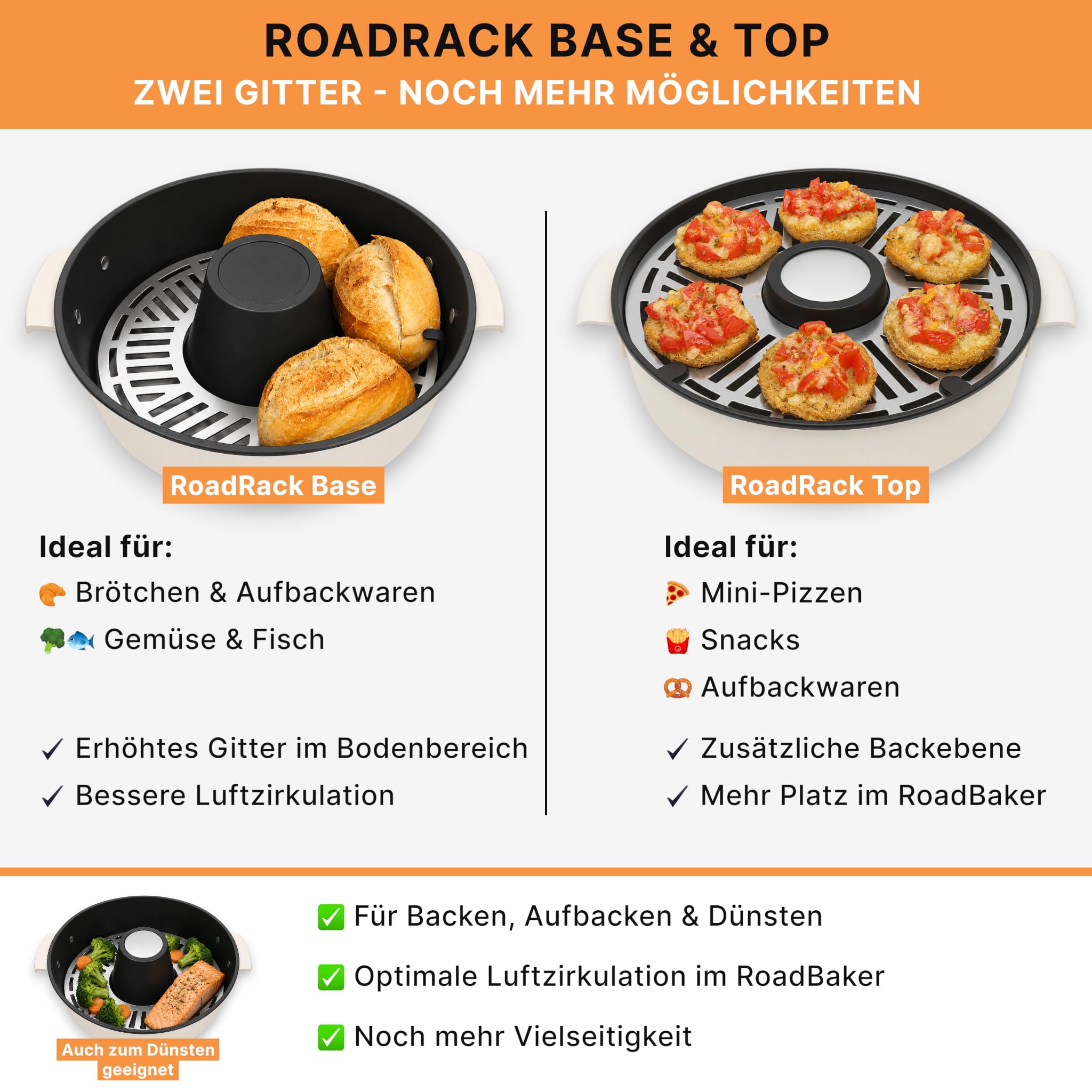 RoadRack Set – RoadRack Base & RoadRack Top | Edelstahl-Aufbackgitter für RoadBaker, Omnia 2L & Omnia Maxi 3L | Campingbackofen Zubehör für Brötchen, Aufbackwaren, Mini-Pizzen, Fisch & Gemüse