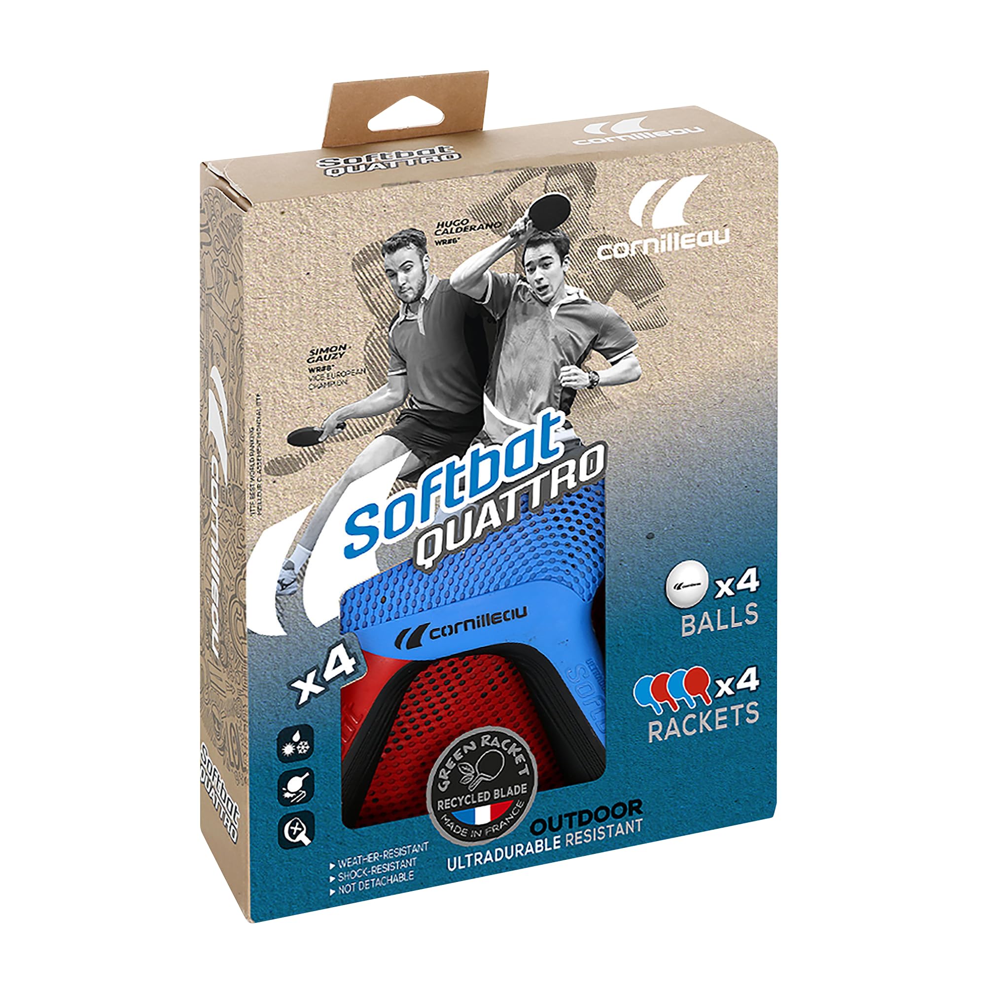 Cornilleau SOFTBAT Pack Quattro - 4 raquettes de ping-pong extérieur éco-conçues ultra durables + 4 balles