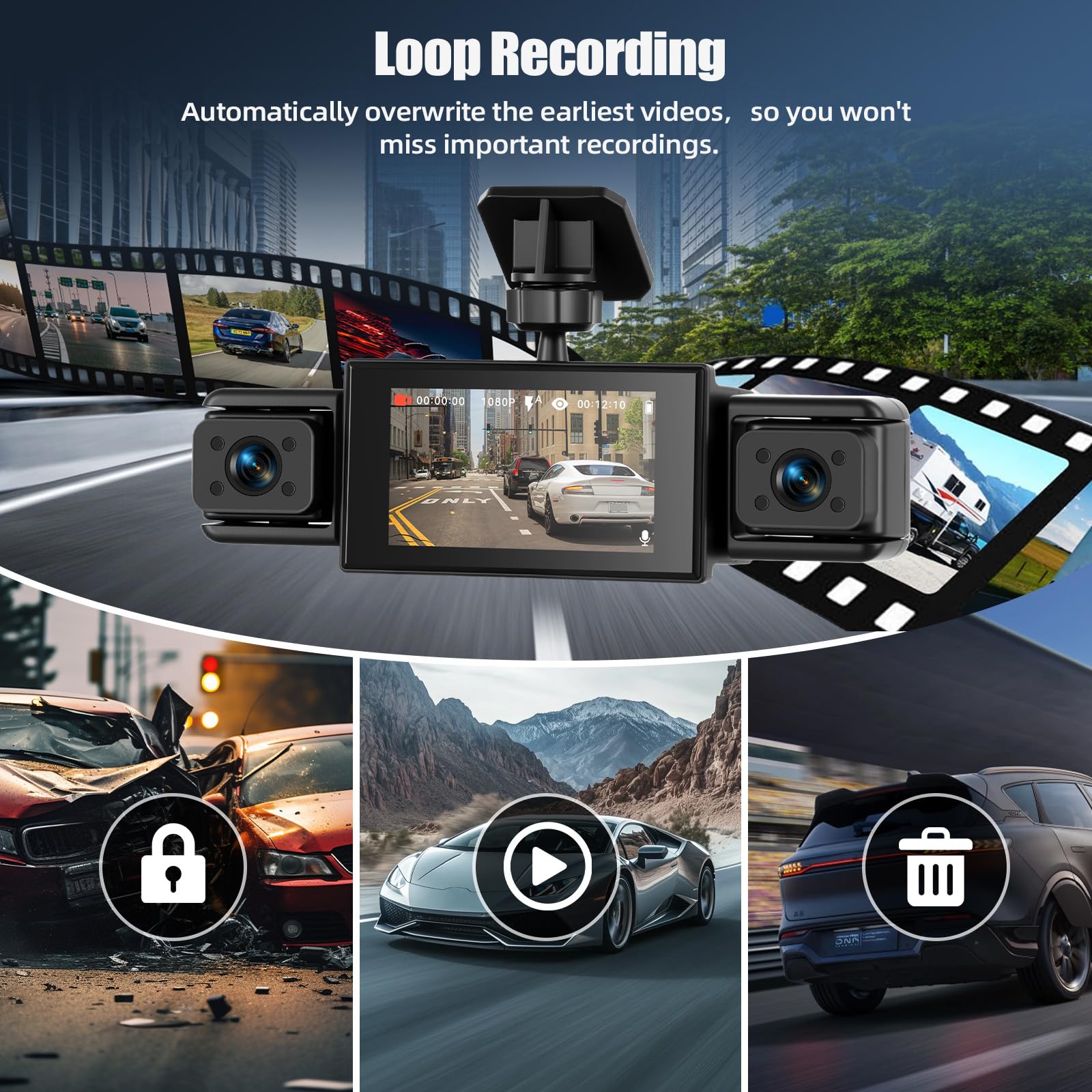 SIXWIN Dash CAM Coche 360° 4 Cámaras, 1080P+3 * 480P, Pantalla IPS 3", Detección de Movimiento, Asistente Marcha Atrás, Grabación en Bucle, Universal para Todos los Coches