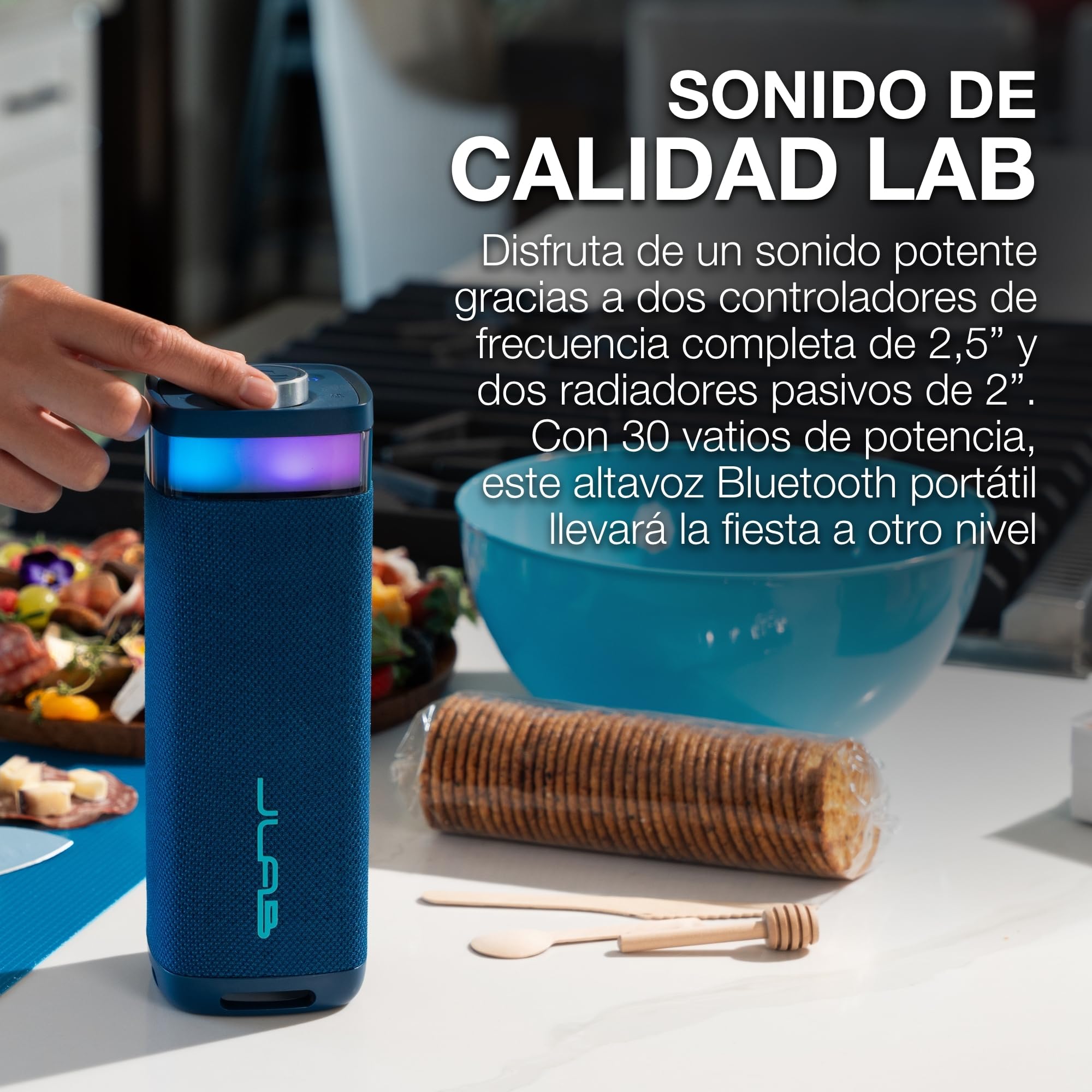 JLab JBuds Party Altavoz Bluetooth Portátil - 12H+, Azul Marino | Altavoz Inalámbrico 30W para Exteriores y Viajes con Luces RGB y Audio Potente, Resistente al Agua IP56