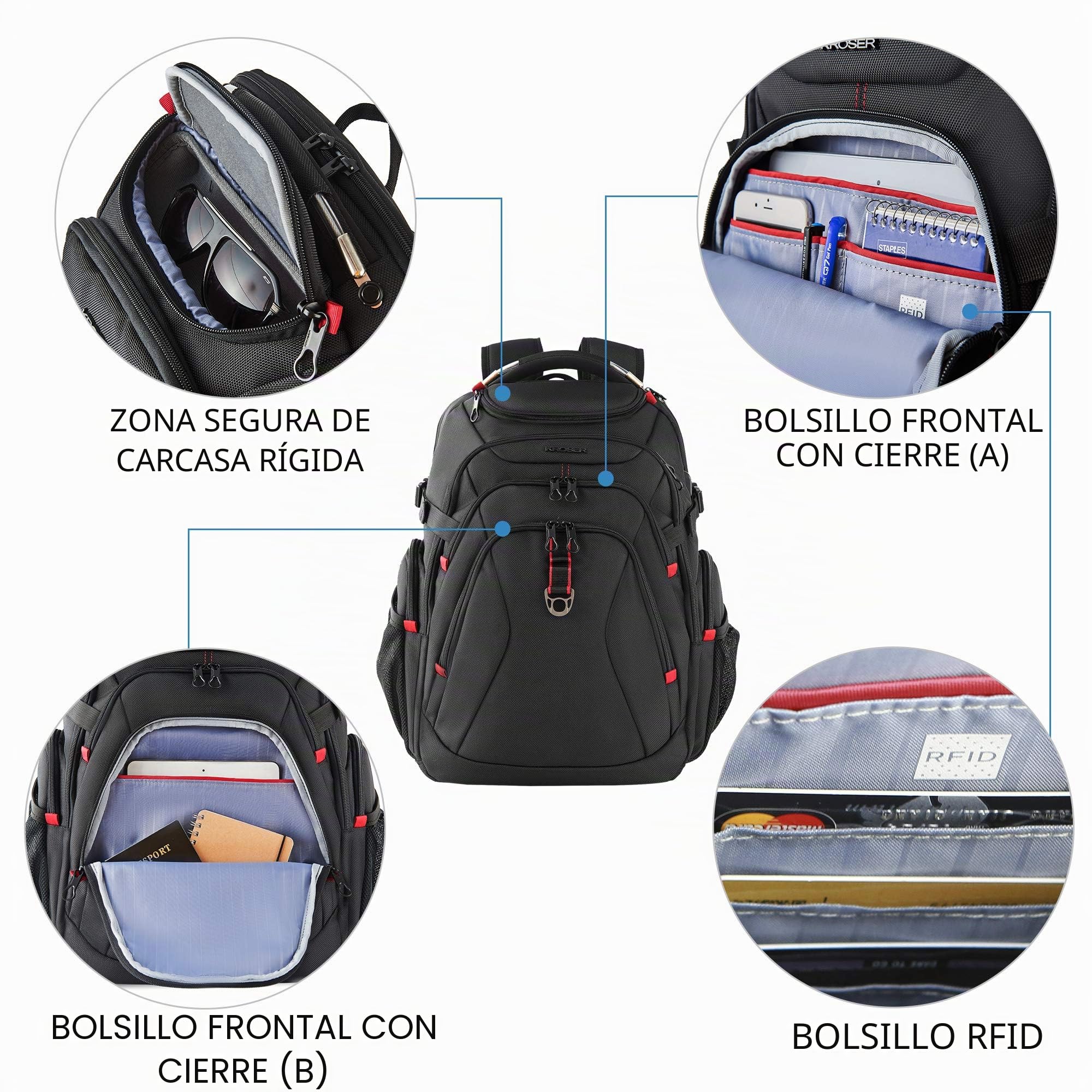 KROSER Mochila para Portátil de Viaje 17.3" Mochila para Computadora con Bolsillos RFID Hidrófugo Mochila Universitaria Negocio Elegante Grande Bolso para Portátil Escolar para Hombres/Mujeres-Negro