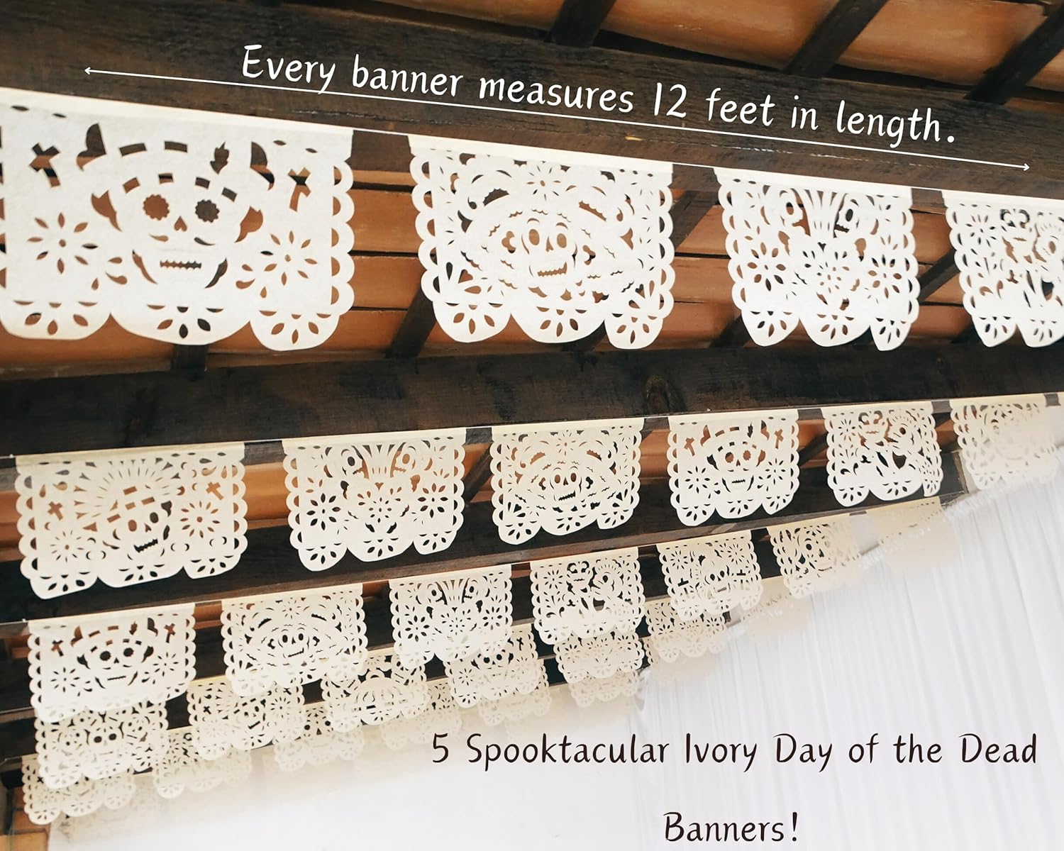 Off White Papel Picado Dia de Los Muertos Altar, Day of the Dead banner, Paper Party Decoration, Mexican Calaveras 5 Pack|Tissue Paper