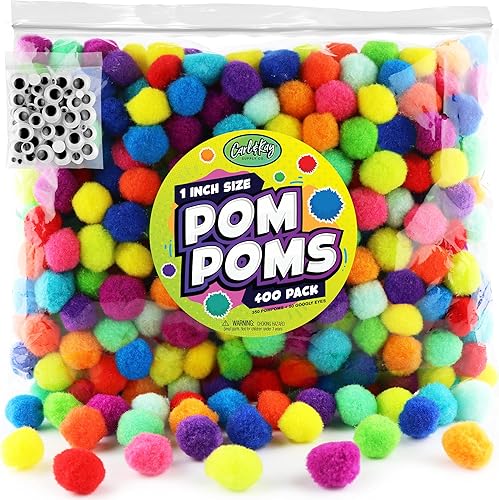 400 unidades – Pelotas de pompones para suministros de manualidades – 350 pompones peludos de colores surtidos con 50 ojos saltones – Tamaño de 1