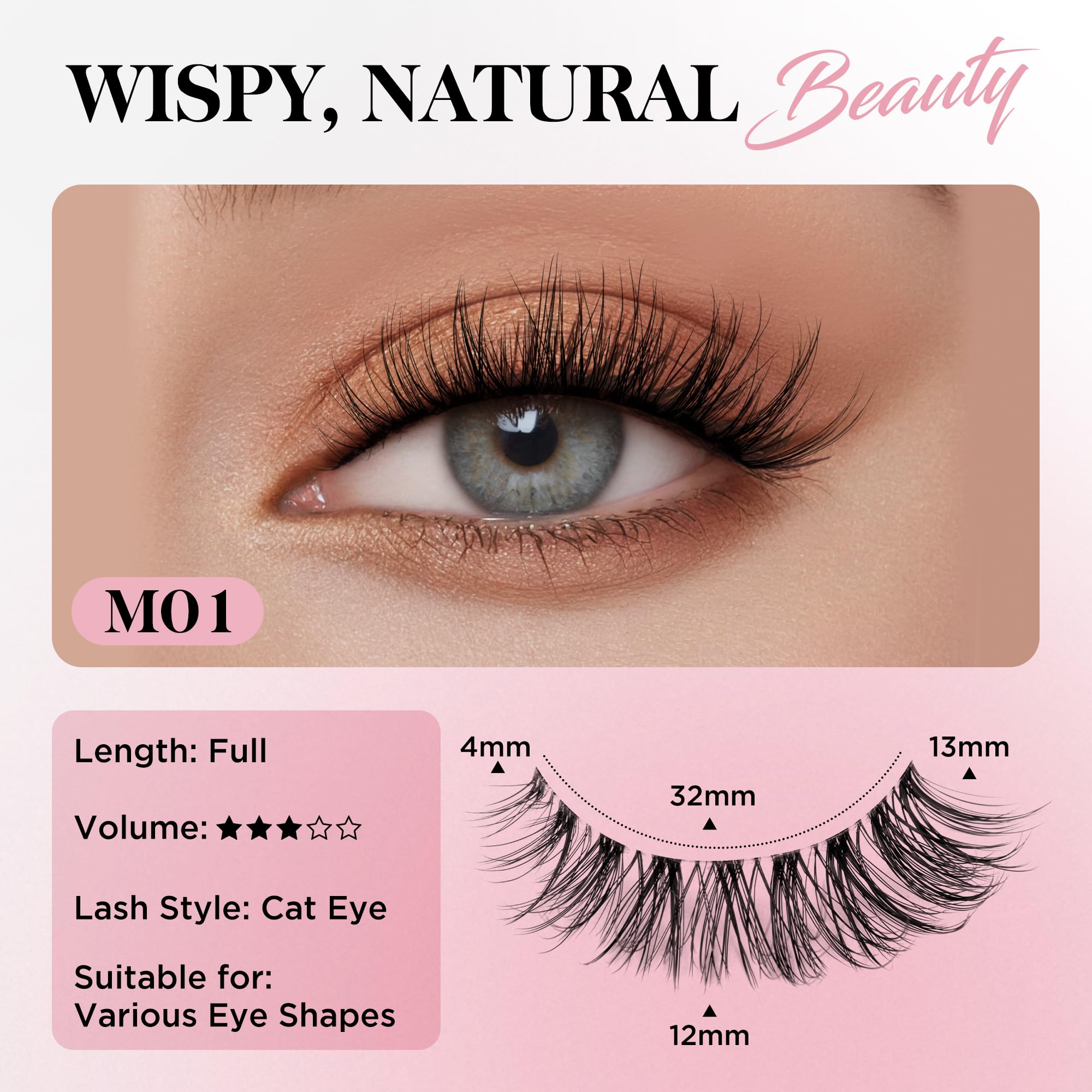 Bepholan False Eyelashes Natural Look Wispy Eyelashes 3D Fluffy Fake Eye Lashes Soft Band Easy to Apply 3 Pair Faux Mink Strip Lashes(M01)