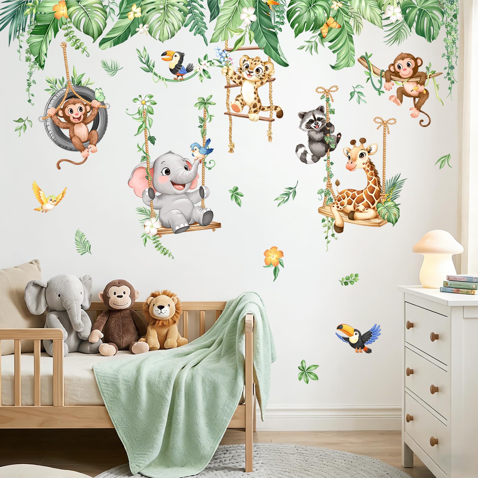 Supzone Jungle Animal Wall Stickers Safari Animal on Swings Wall Decals Tropical Leaves Decor for Boys Kids Nursery Bedroom Playroom Classroom