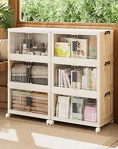 OlarHike 6 Pack 76QT Lockable Storage Bins with Lids - Folding Storage box with Doors and Wheels, Collapsible Plastic Storage Bins for Closets, Stackable Storage Organizer, Storage Containers
