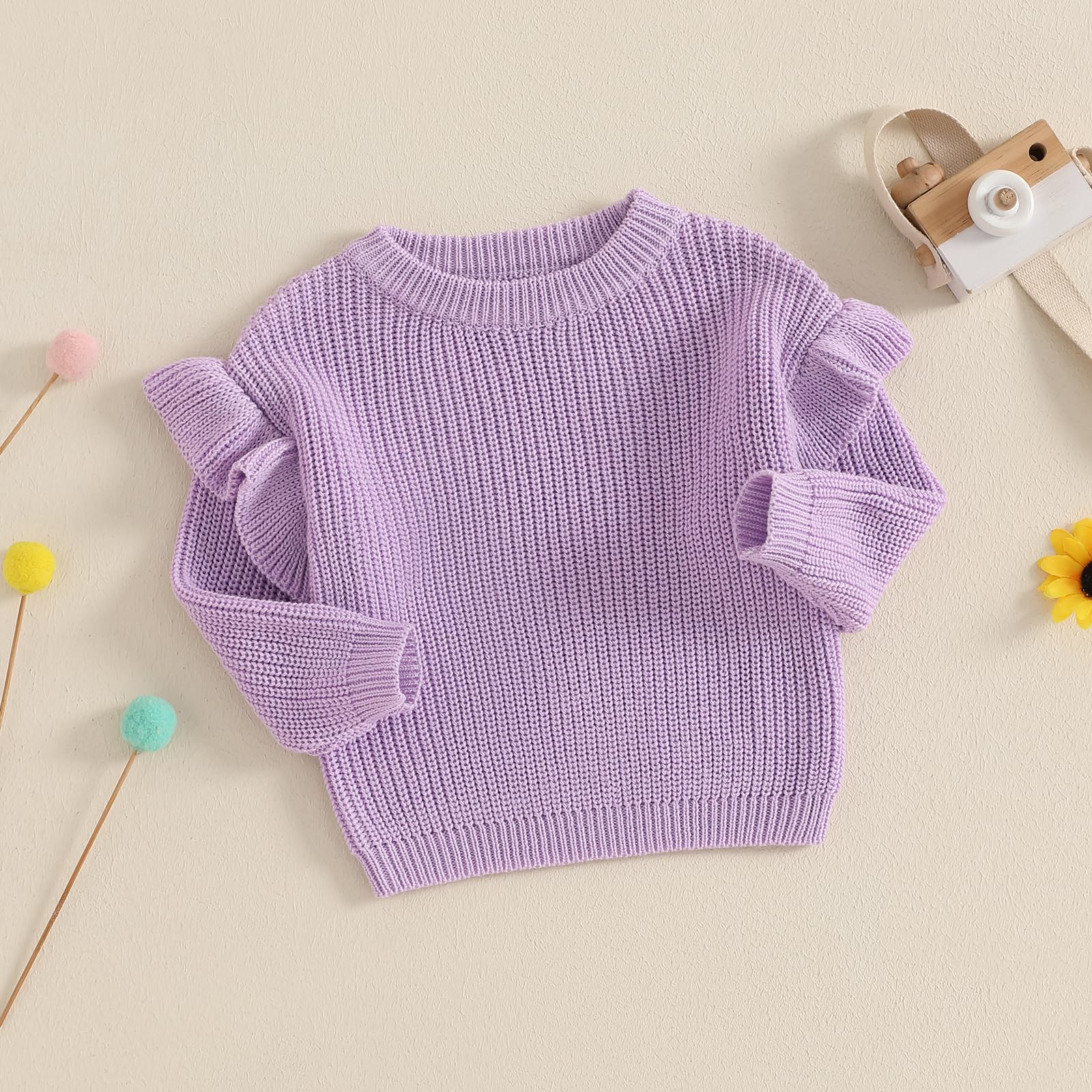Baby Boy Girl Knit Sweater Long Sleeve Ruffle Knit Pullover Warm Sweatshirt for Infant Toddler (Purple, 0-3 Months)