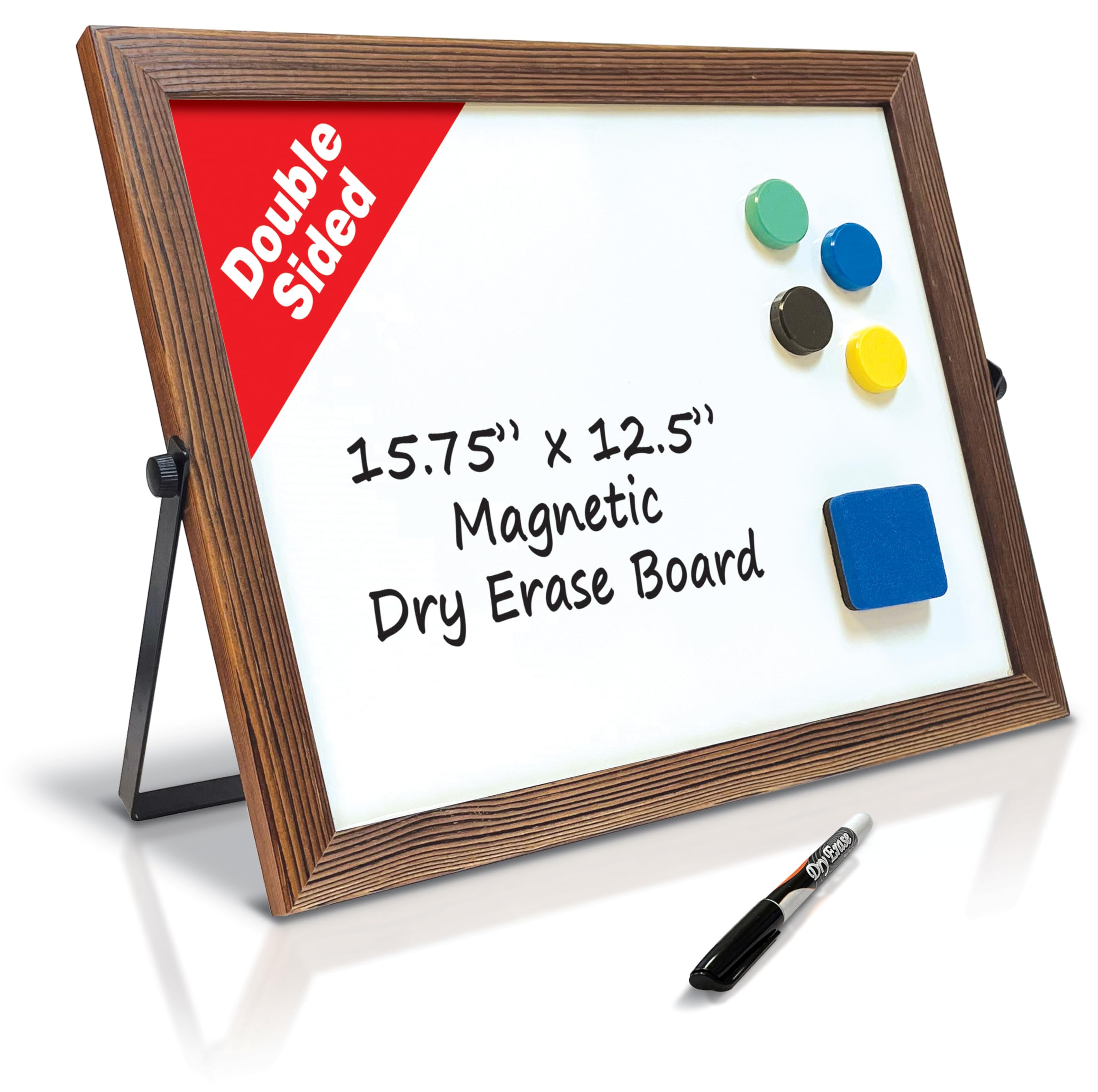 Wooden Framed Double Sided Magnetic Whiteboard with Folding Metal Stand, 16" x 12.5", Rustic Brown Color, Portable Desktop Dry Erase Board, with