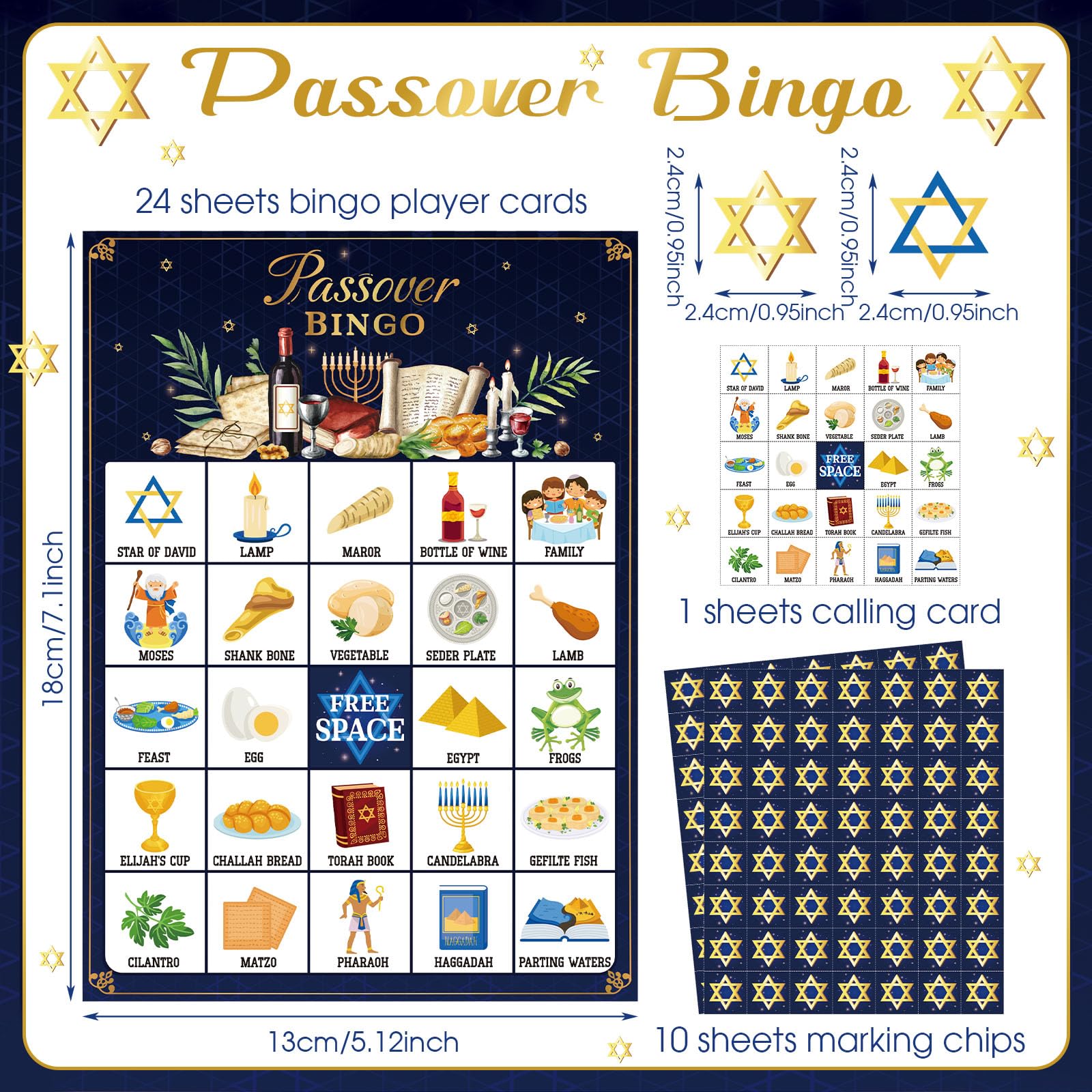 Liliful 35 giochi di bingo pasquale, 24 giocatori, carte da bingo pesach, seder ebraico, giochi per feste per bambini e adulti, attività in classe per famiglie, feste di compleanno, forniture (blu
