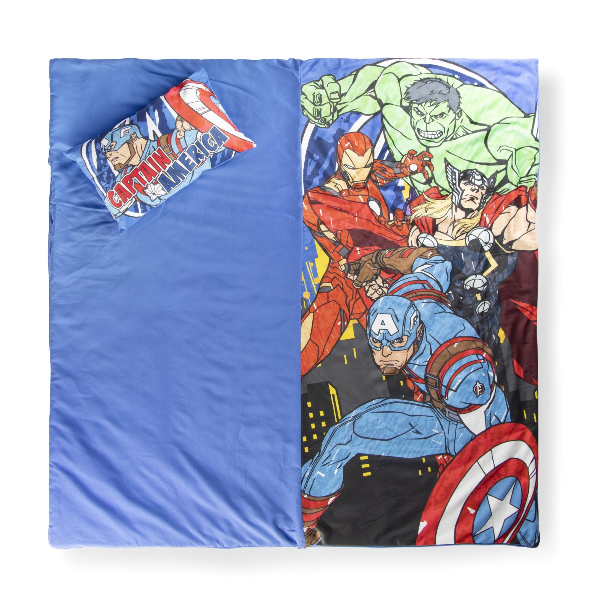 Set de 2 con Almohada y Manta de Los Vengadores Marvel, Saco de Dormir Infantil con Bolsa y Almohada, para Fiestas de Pijamas, Viajes y acampadas