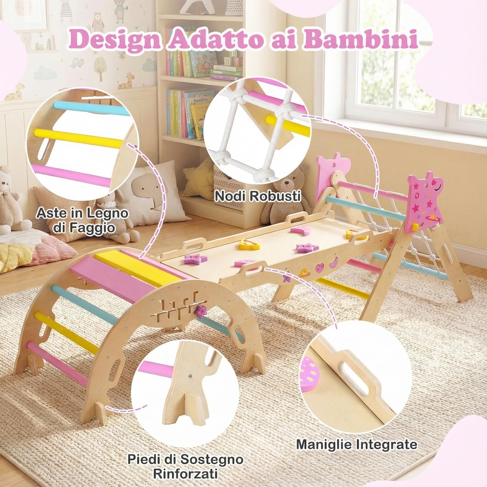 RELAX4LIFE Set da Arrampicata per Bambini, Triangolo di Arrampicata con Scivolo e Arco, Gioco di Incastri in Legno, Gioco Montessori per Bambini 1+ Anni (Unicorno con Rete-3 Pezzi | Macaron)