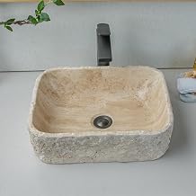 Natural travertine sink with irregular brownish-beige veining; countertop-style bathroom sink; medium size 17.3 12.6 4.72 inches; rustic style; 100% hand-carved finish; beige travertine