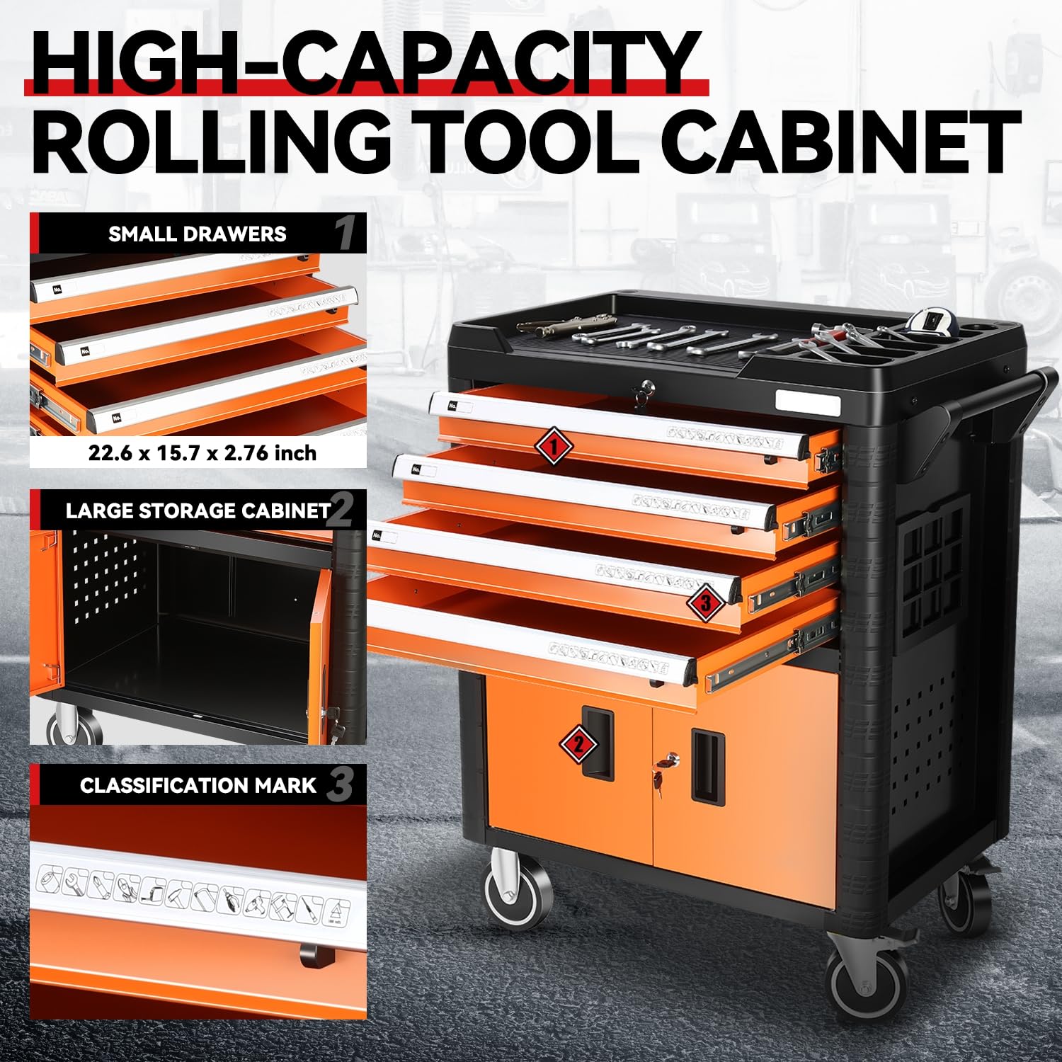 Auto Dynasty Universal Max 440 Lbs Orange 4 Drawer Plastic Top Tray Powder-Coated Steel Roller Cabinet for Garage Warehouse Home Office Workshop Repair Tools