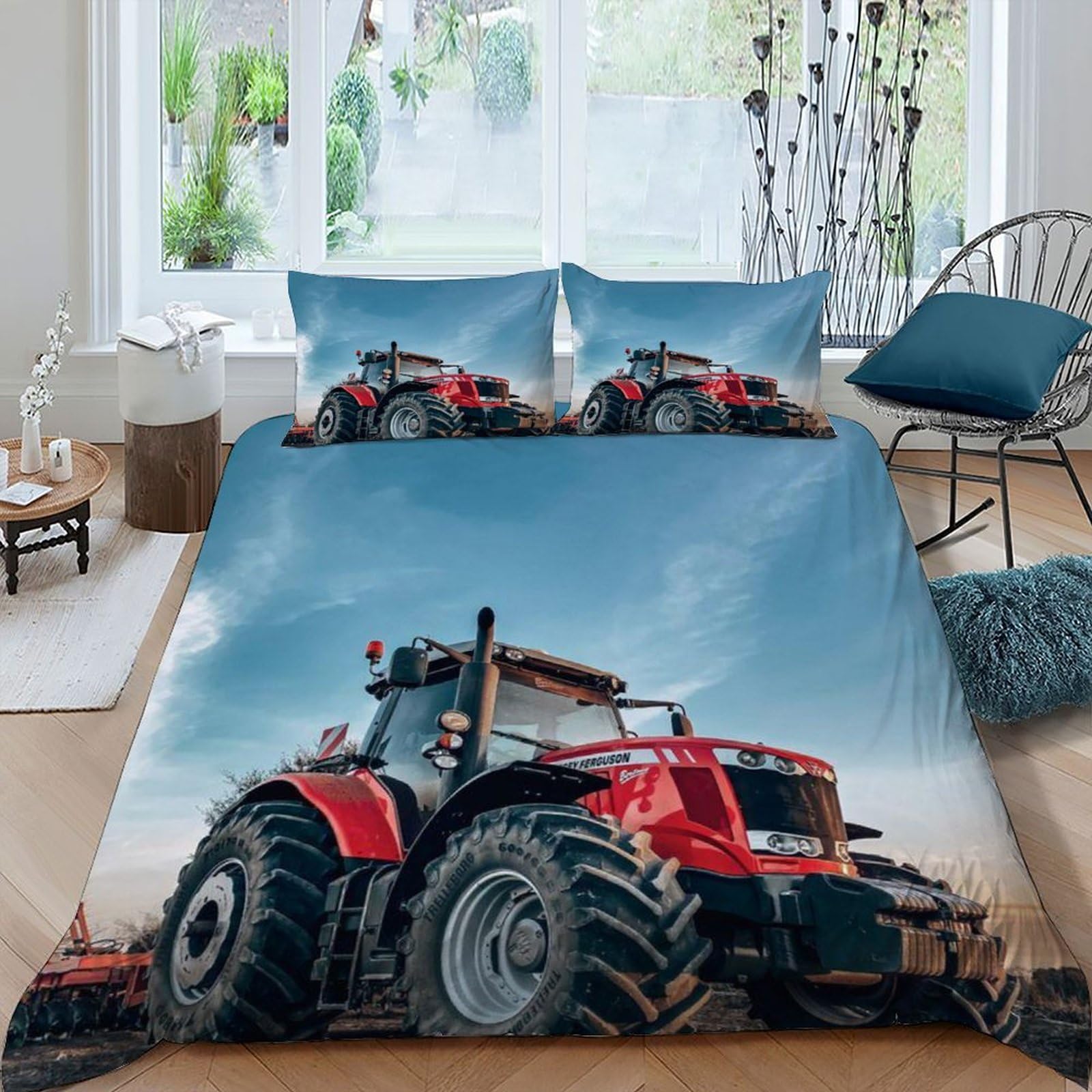 SHEVOVER Red Tractor Bedding Sets with 2 Pillowcases 3D Printed Large Farm Vehicle Comforter Cover Set 3 Piece with Zipper Closure, for Kids Teenagers Adult Double（200x200cm）