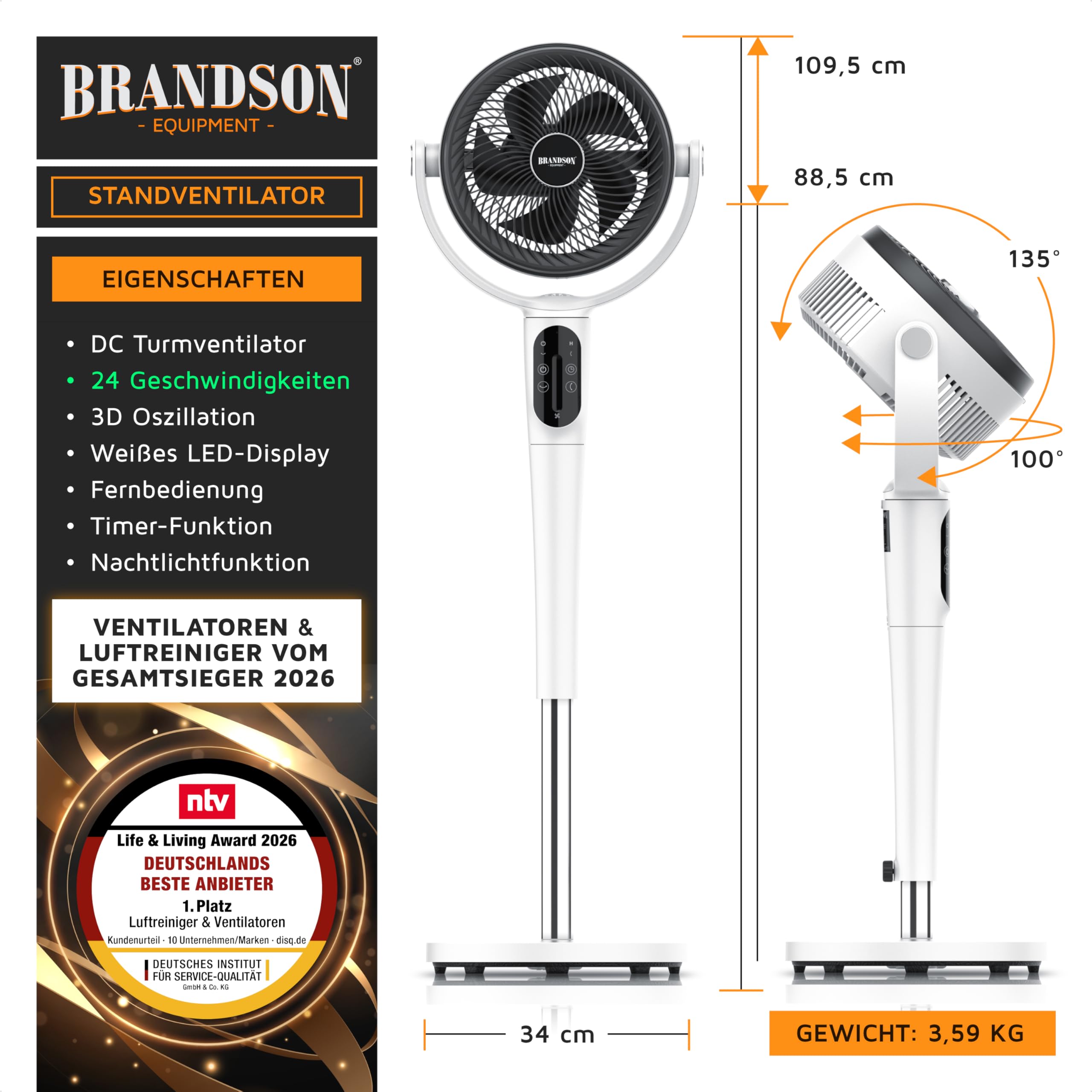 Brandson - 3D Standventilator mit ECO DC Motor – sehr leise – Preisträger 2026-60% Energieeinsparung – Ventilator mit 24 Geschwindigkeiten – horizontale und vertikale Oszillation – Fernbedienung