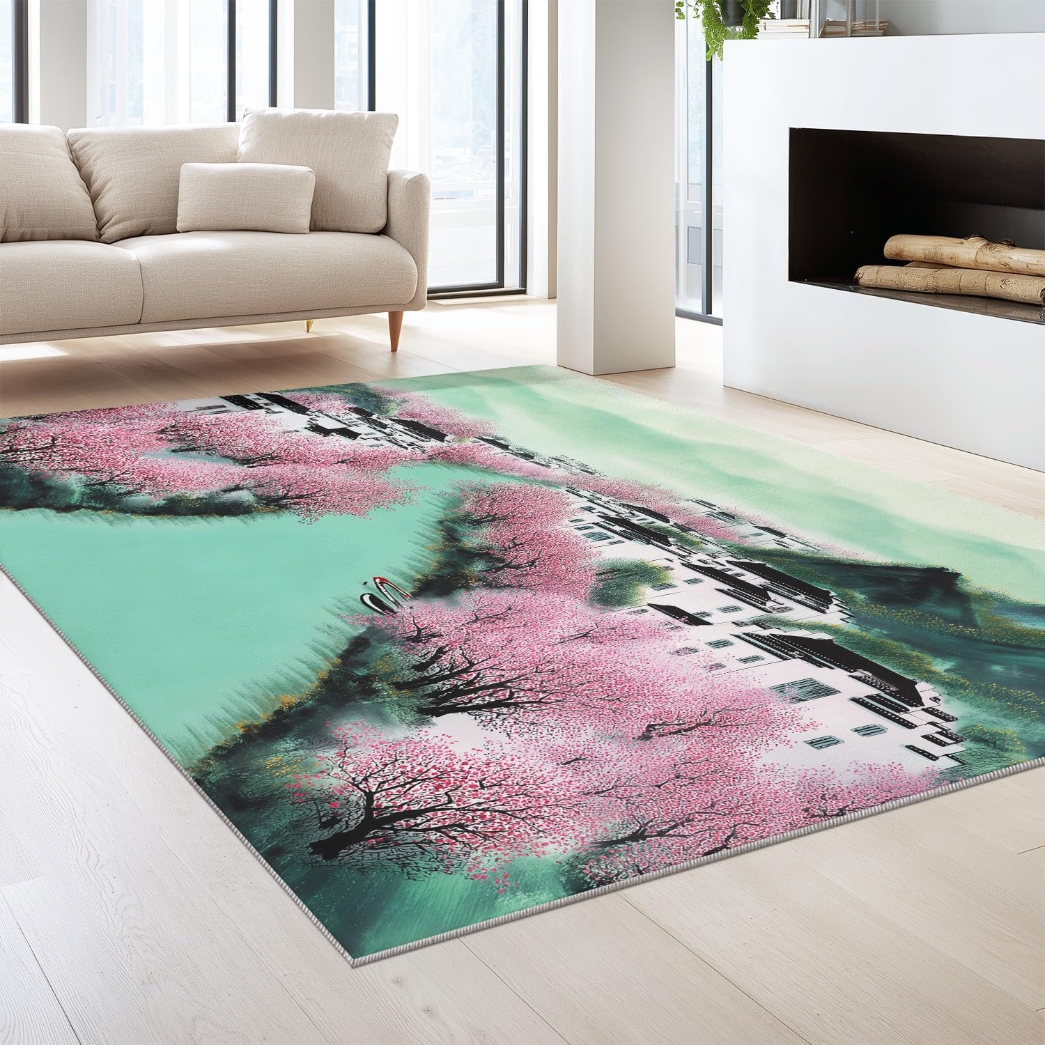 Zielony, nadający się do prania, motyw krajobrazu, 140 x 200 cm, klasyczny, dalekowschodnia wioska wodna, rzeka, wioska, do salonu, miękki, antypoślizgowy, z krótkim włosiem, do sypialni, jadalni