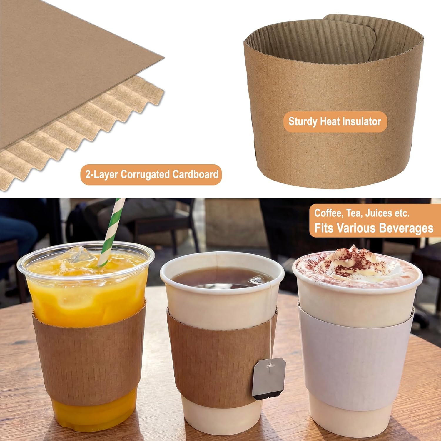 Coffee Sleeves For 10 to 20 oz. Cups (500 Pack) - Disposable Kraft Corrugated Cardboard Paper Jacket For Better Grip, Hot Cold Drinks Holder, Chocolate Milk Tea Beverage Insulator, Hand Protection