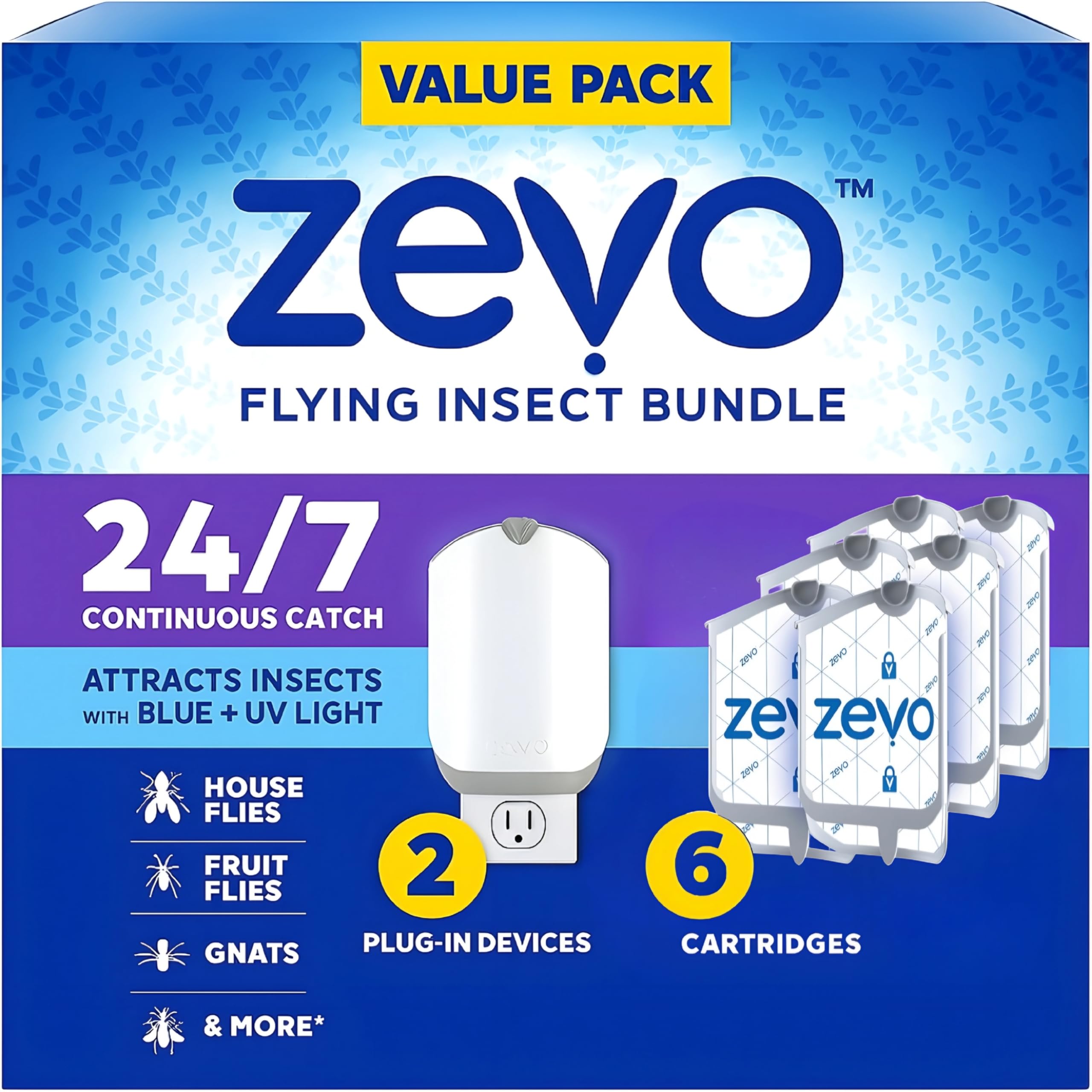 Zevo Plug-in Fly Trap Set – 2 Devices with 6 Replacement Cartridges – Safe, Odorless Indoor Insect Protection