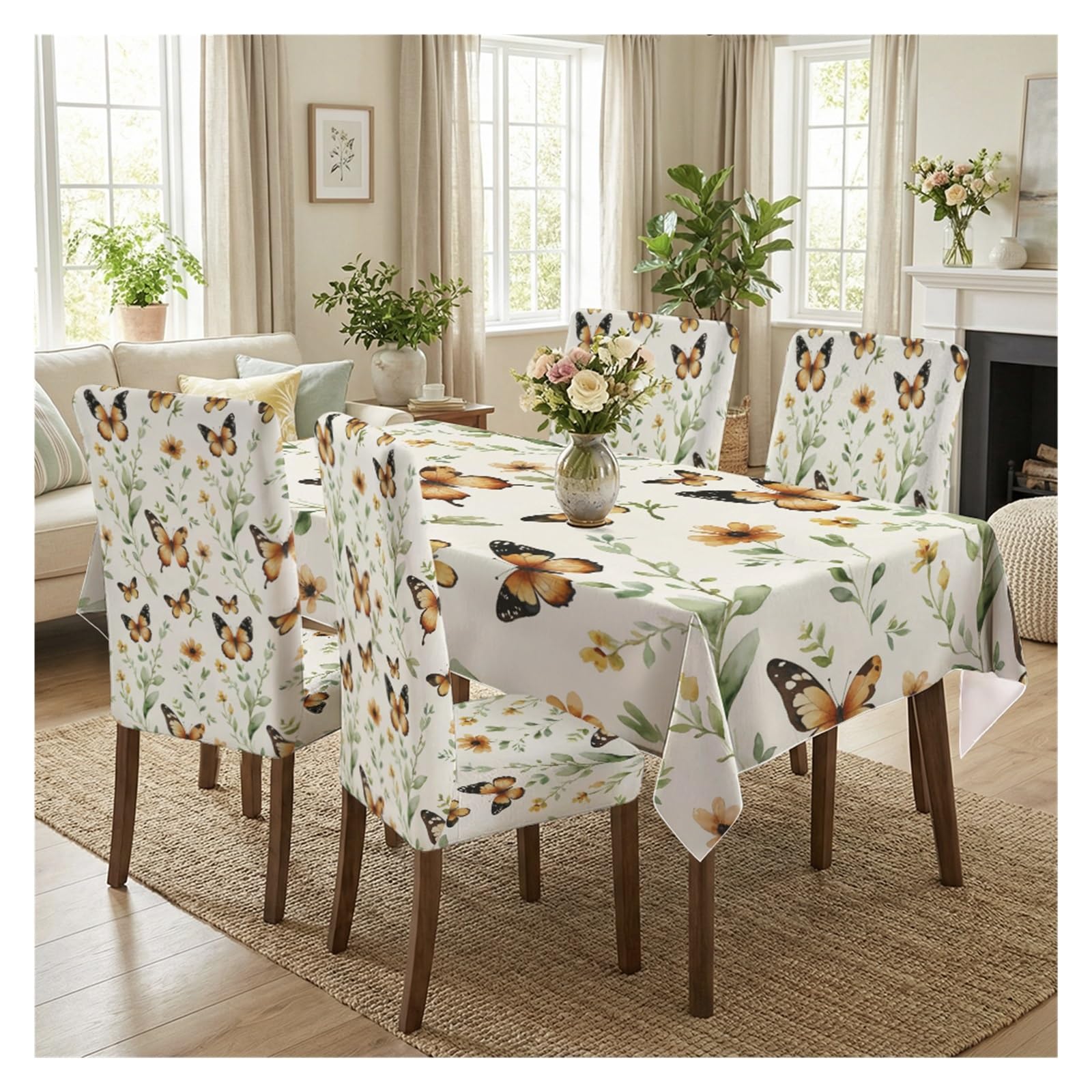 BOSUYBN Spring Monarch Butterfly & Tiny Wildflower Print Dining Tablecloth & Chair Covers Set, 5/7 Piece Fresh Garden Cottage Dining Decor Table Setting(5pcs Set: Tablecloth+Chair Covers)