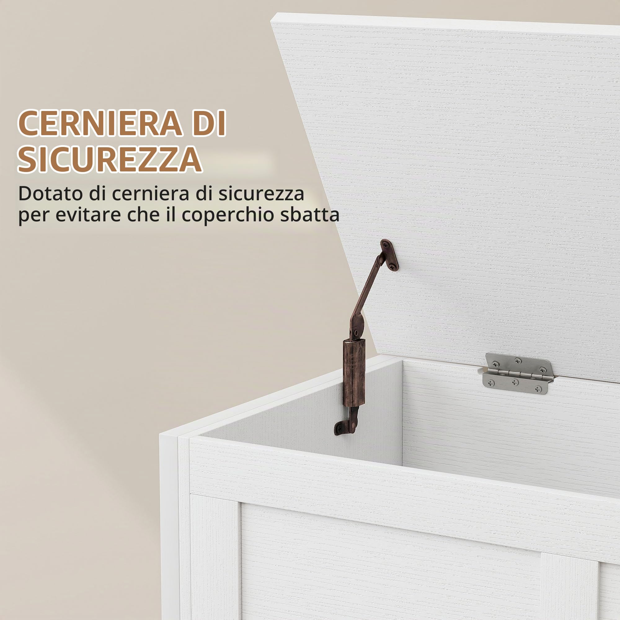 HOMCOM Camera da letto Cassapanca 95 L Panca di stoccaggio con coperchio Cerniera di sicurezza per corridoio Soggiorno 80x40x50 cm Bianco venato