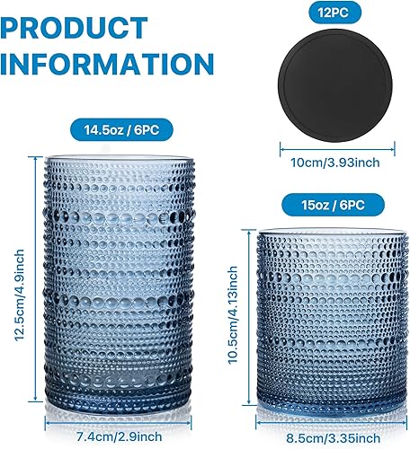Miniatura 4 de Hobnail - Juego de 12 vasos para beber, cristalería vintage, vasos antiguos, 6 vasos de burbujas Highball de 15 onzas, 6 tazas de rocas de 14.5