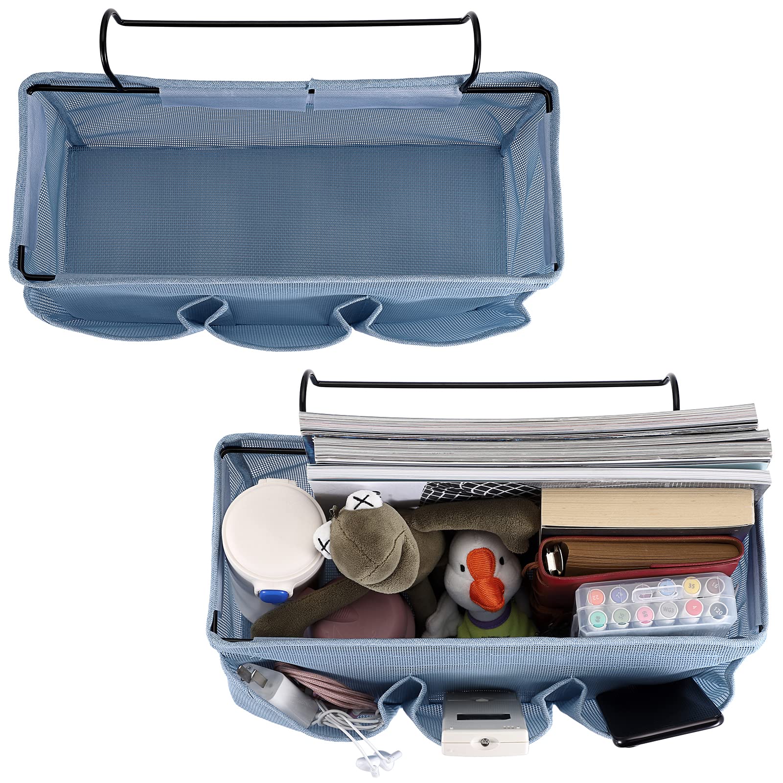 SUMTree Organisateur de chevet suspendu 4 poches sac de Rangement de chevet en filet panier de lit et crochet pour serviette, téléphone, stylos, télécommande (bleu)