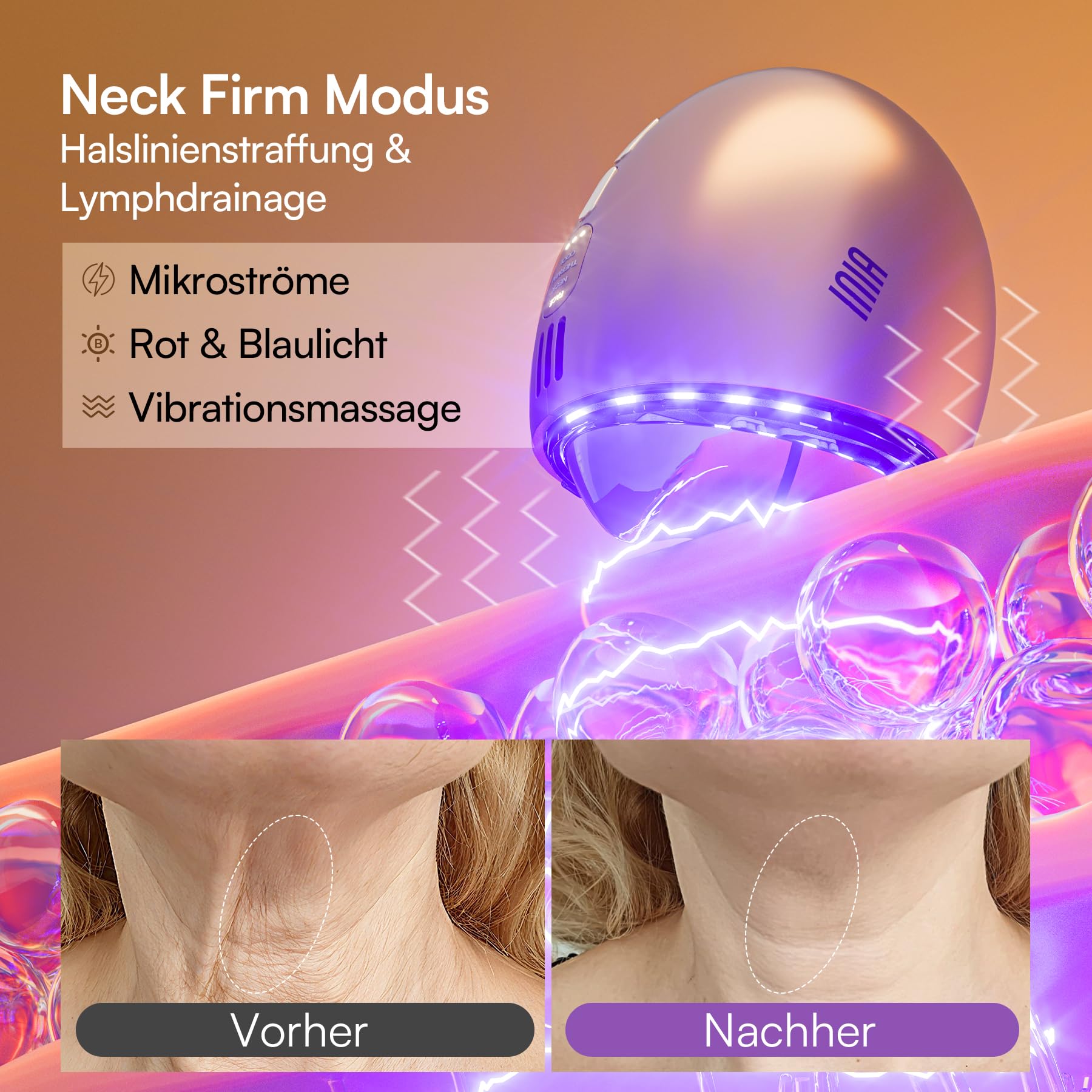 INIA 7-in-1 Lymphdrainage-Gua-Sha-Gerät für Gesicht und Hals, Gesichtsmassagegerät mit Rotlichttherapie, Wärme- und Kryomodus zur Entschlackung und Straffung