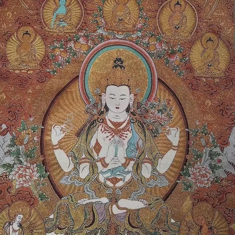EPASHA Arte murale Buddista, Thang-ga, Pittura in Broccato Ricamato Thangka da 60 cm Guanyin Bodhisattva a Quattro Bracci, Decorazione Domestica squisita