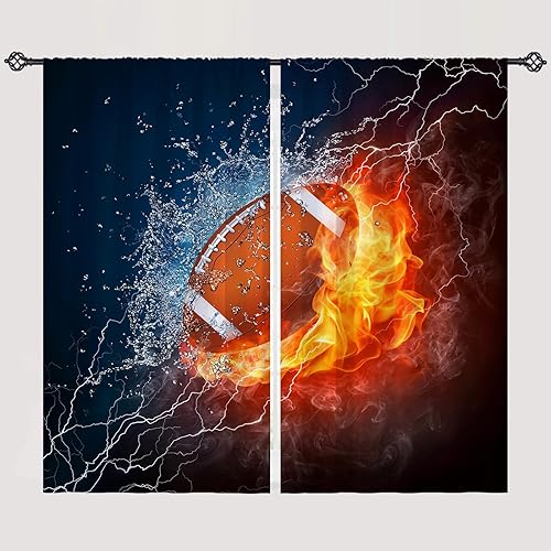 ANHOPE Cortinas de fútbol para niños, con temática deportiva, cortinas de ventana con diseño de fuego, rugby, llama, trueno, rayo, bolsillo para