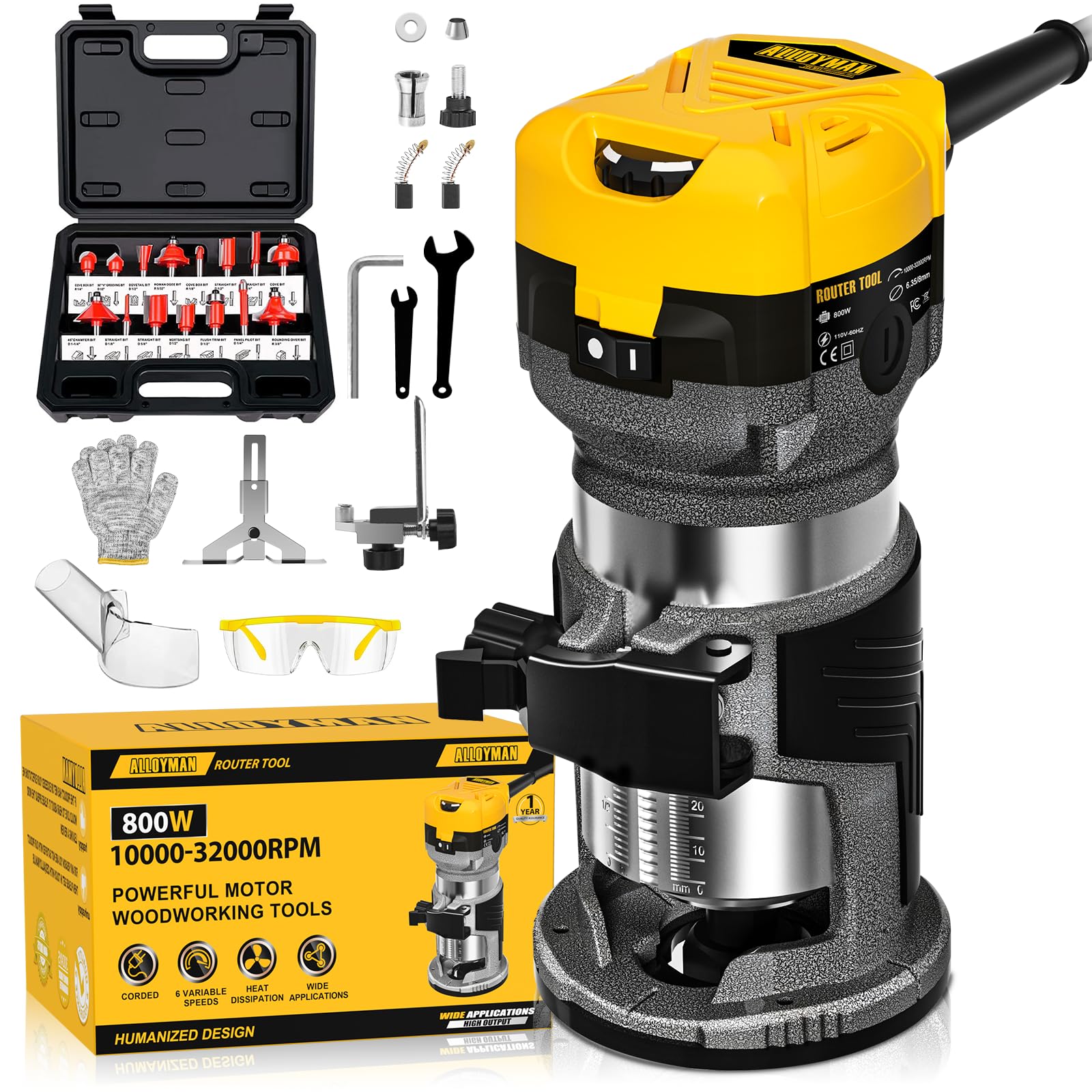 ALLOYMAN Router Tool, 8.5-Amp Palm Router with 6 Variable Speed, 15pcs Compact Wood Router Bits, Max 32000 RPM Handheld Router, 800W Wood Trimmer Routers Kit for Woodworking Trimming