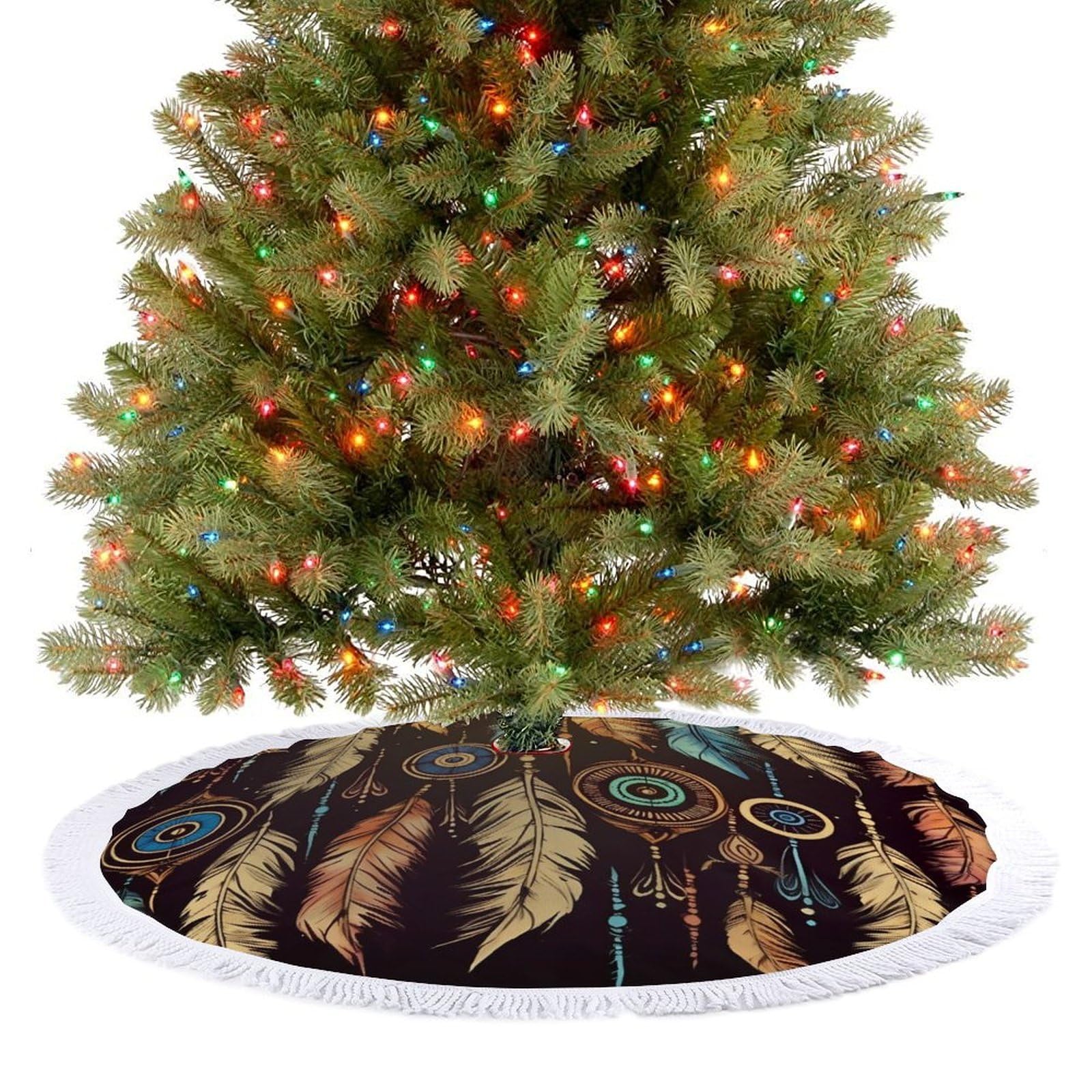 Vintage Ethnic Tribal Feather Christmas Tree Skirt 36"x36" Rustic Xmas Tree Mat with Tassel Ornament Christmas Trees Cover Skirt Mat for Evergreen Trees Ornament Winter Holiday Mats Decorations