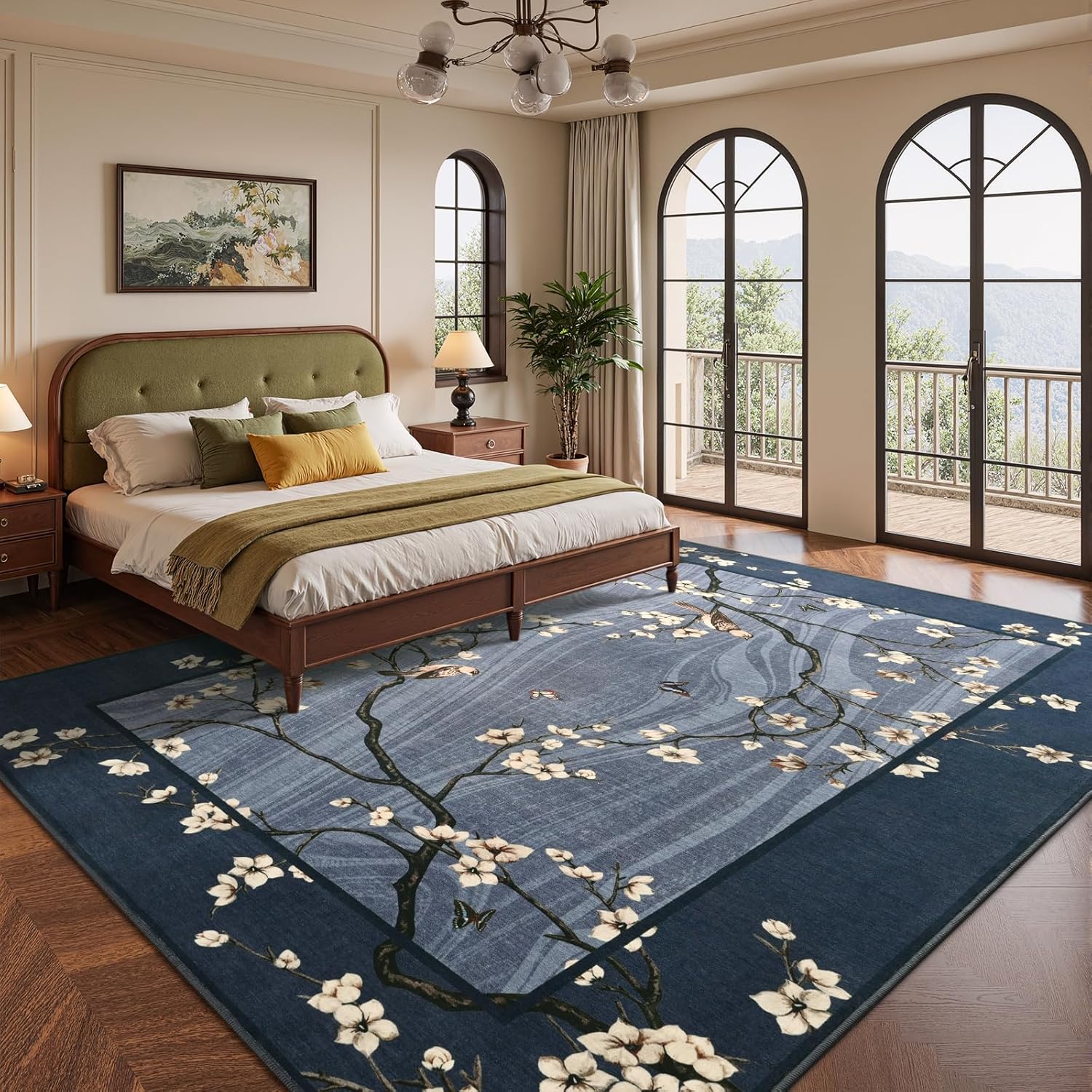6x9 Area Rugs for Living Room Bedroom, Oriental Floral Birds Print Washable Rug, Soft Low Pile Non Slip Carpet for Dining Room Kids Room Farmhouse Office Home Decor, Blue