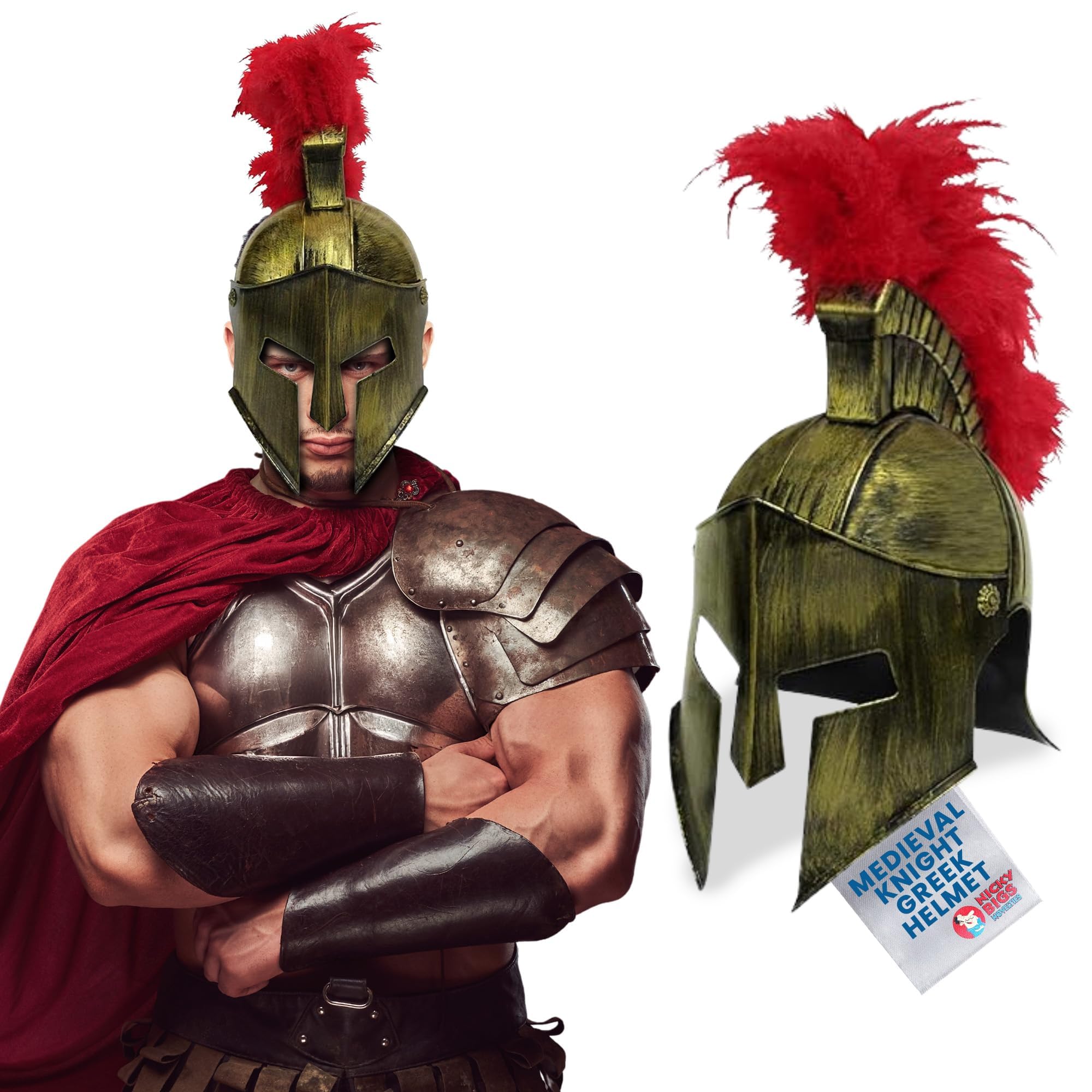Nicky Bigs NoveltiesMedieval Knight Greek Spartan Helmet Costume Gold Gladiator Warrior Roman Helmets With Folding Face Mask