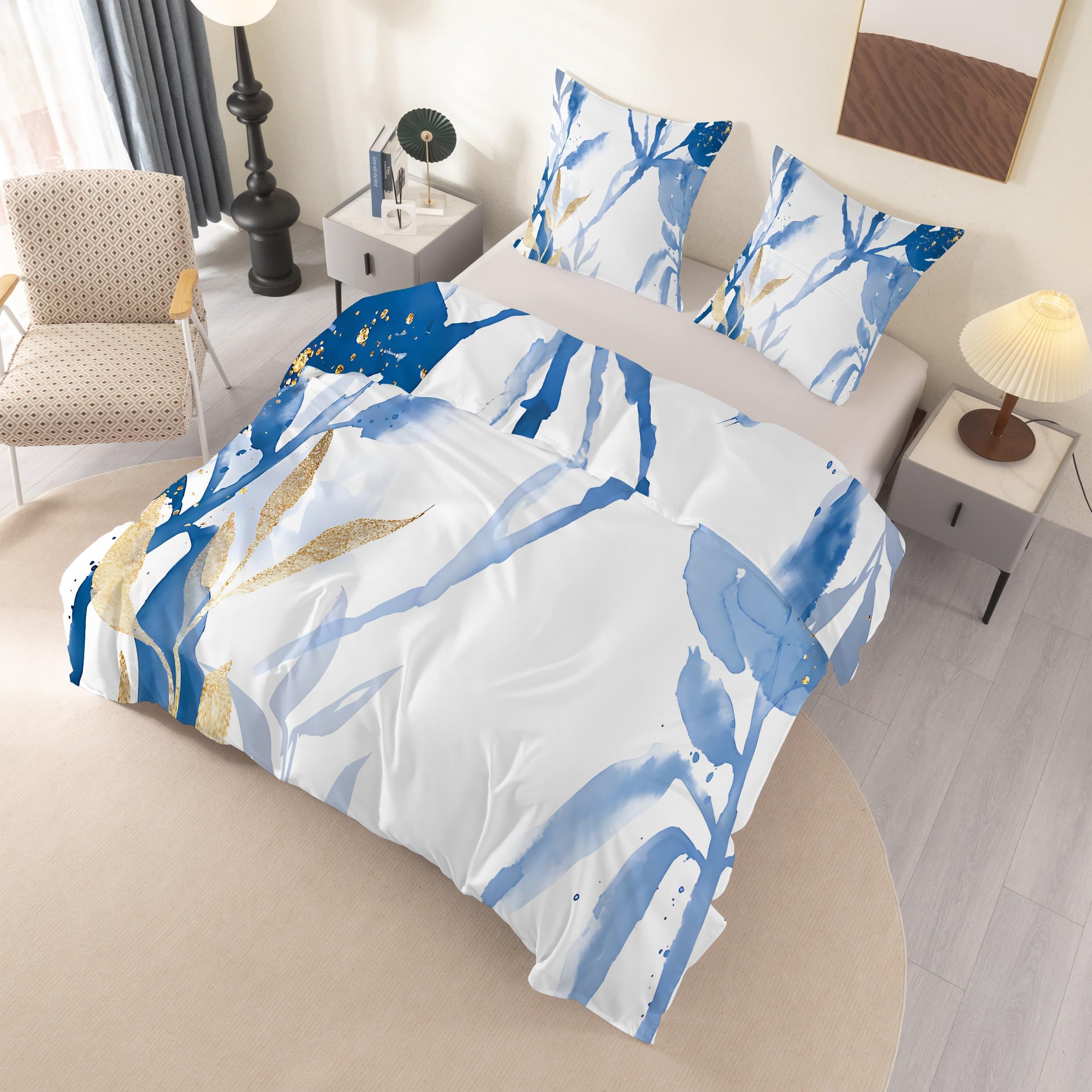 Housse de Couette 200x220 Fleurs Tendance, avec 2 Taie d'oreiller 65x65 Cm, Parure de Lit 200x220 cm Adulte Plantes Aquarelle Bleues, Microfibre, Linge de Lit Fermeture éclairm -RZ46