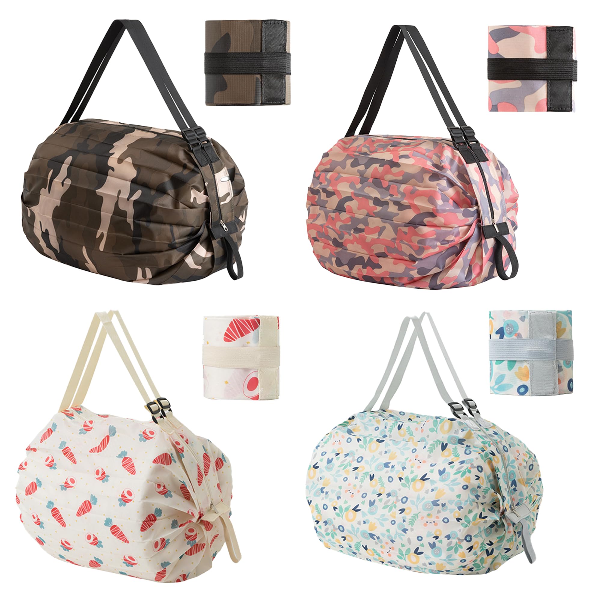 XKE-X 4PC Foldable Reusable Shopping Bags 210D Nylon Waterproof Grocery Tote Travel Duffel Bag with Zipper & Adjustable Strap