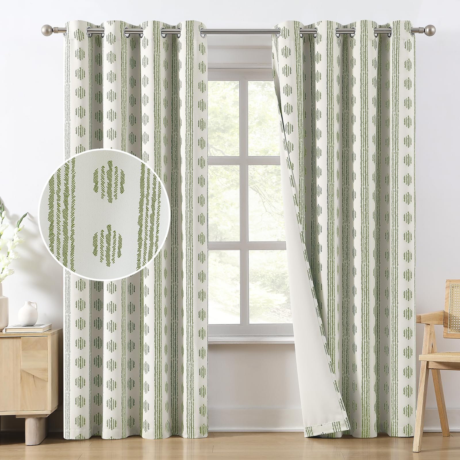 Melodieux Blackout Boho Curtains 96 Inches Long for Bedroom Sage Green on Beige Striped Pattern Cotton Bedroom Curtain Grommet Room Darkening Curtains for Living Room Thermal Insulated 2 Panels