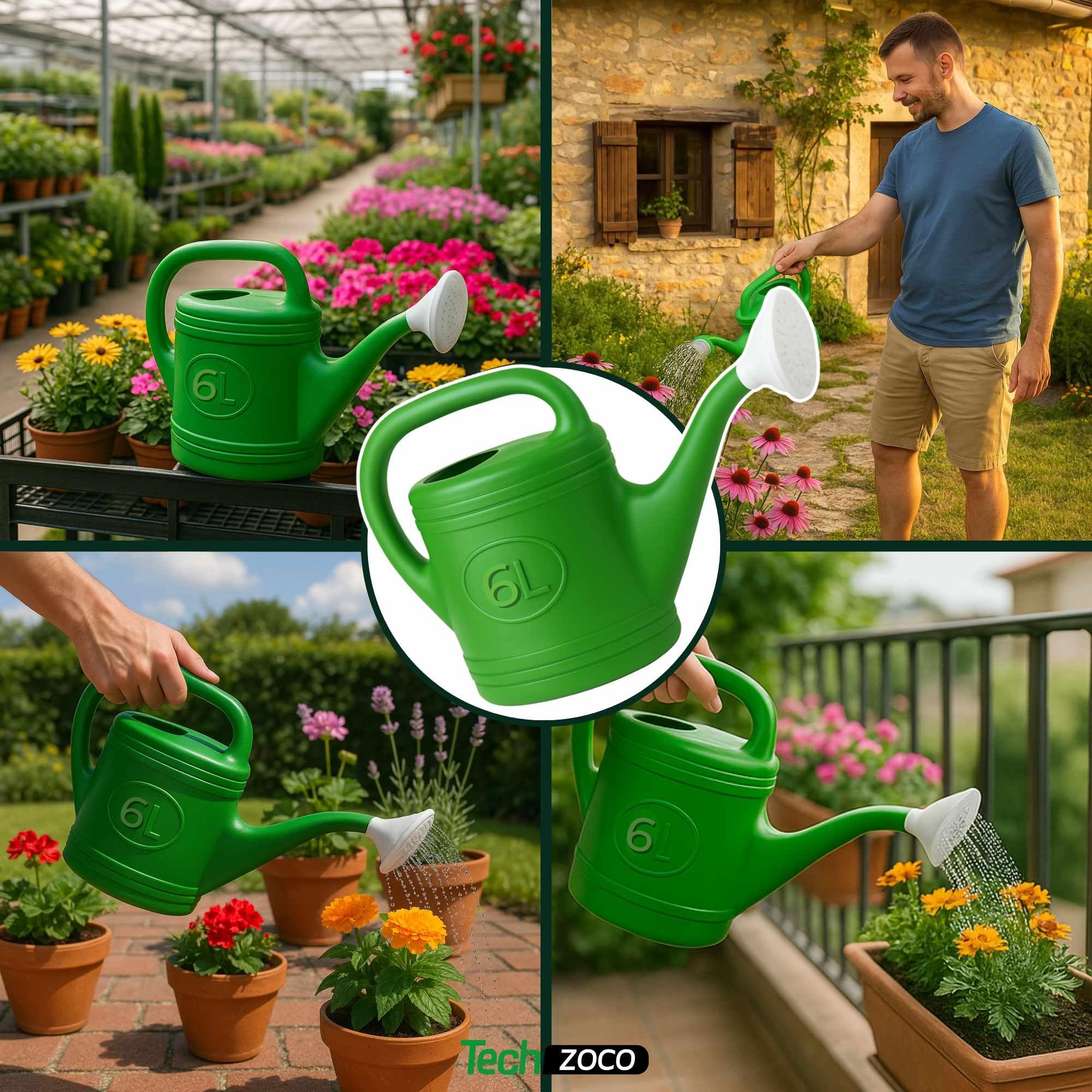 TECHZOCO Regadera de plástico, Regadera para Interior y Exterior, regadera de jardín, Diseño con Pico, Accesorio de riego, Asa de Transporte, Cabezal Efecto Lluvia, Verde, 6 litros