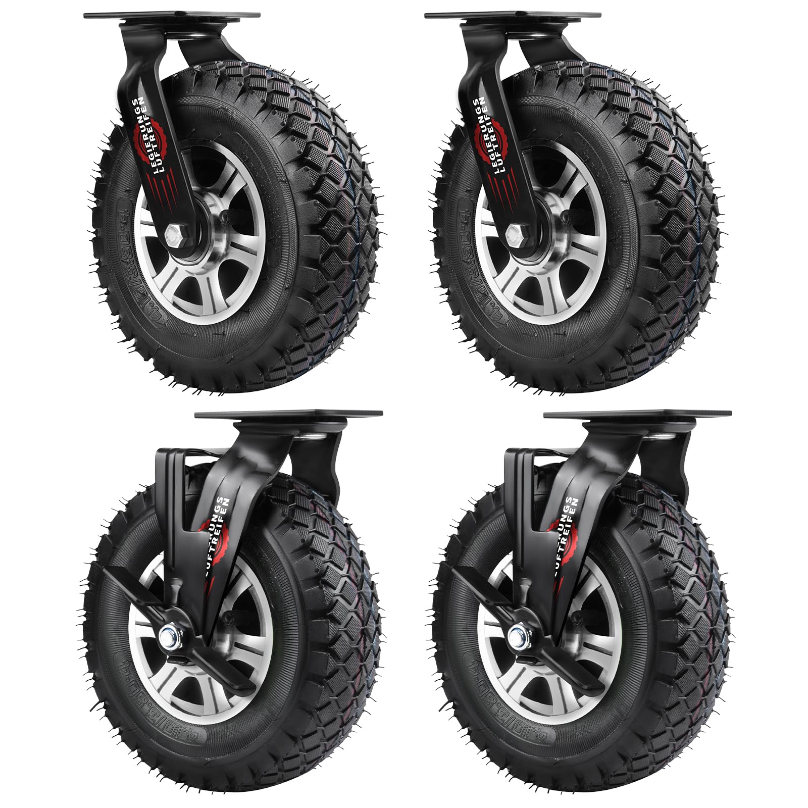 4 pièces de roulettes avec frein Ø 250 x 90 mm, roue pneumatique silencieuse sur roues en alliage d'aluminium avec amortisseur, pour chariot à bras et chariot de transport, capacité de charge 510 kg