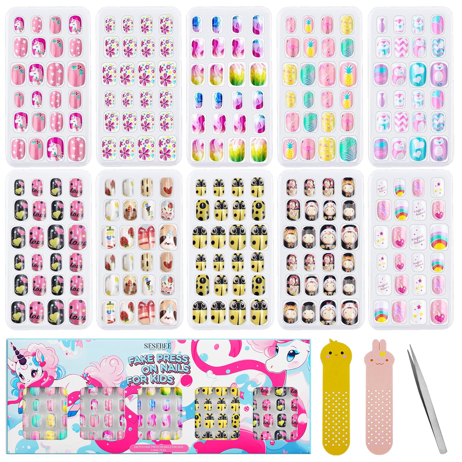240Pcs Kids Press on Nails Pre-glue Full Cover Short False Nails No fading Stable Quick Stick on Cute Full Cover Short False Fingernails for Girls Kids Nail Art Decoration(Sweet Dreamy Unicorn)