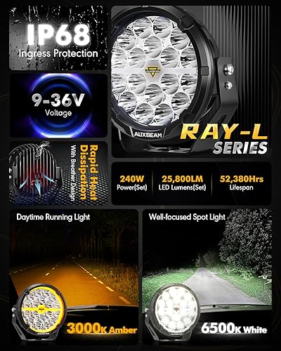 Miniatura 2 de Auxbeam Serie 360-Ultra - Luces LED redondas para todo terreno, 6 pulgadas, 132 W, DRL ámbar y señal de giro, barra de luz puntual de 14800 lm,