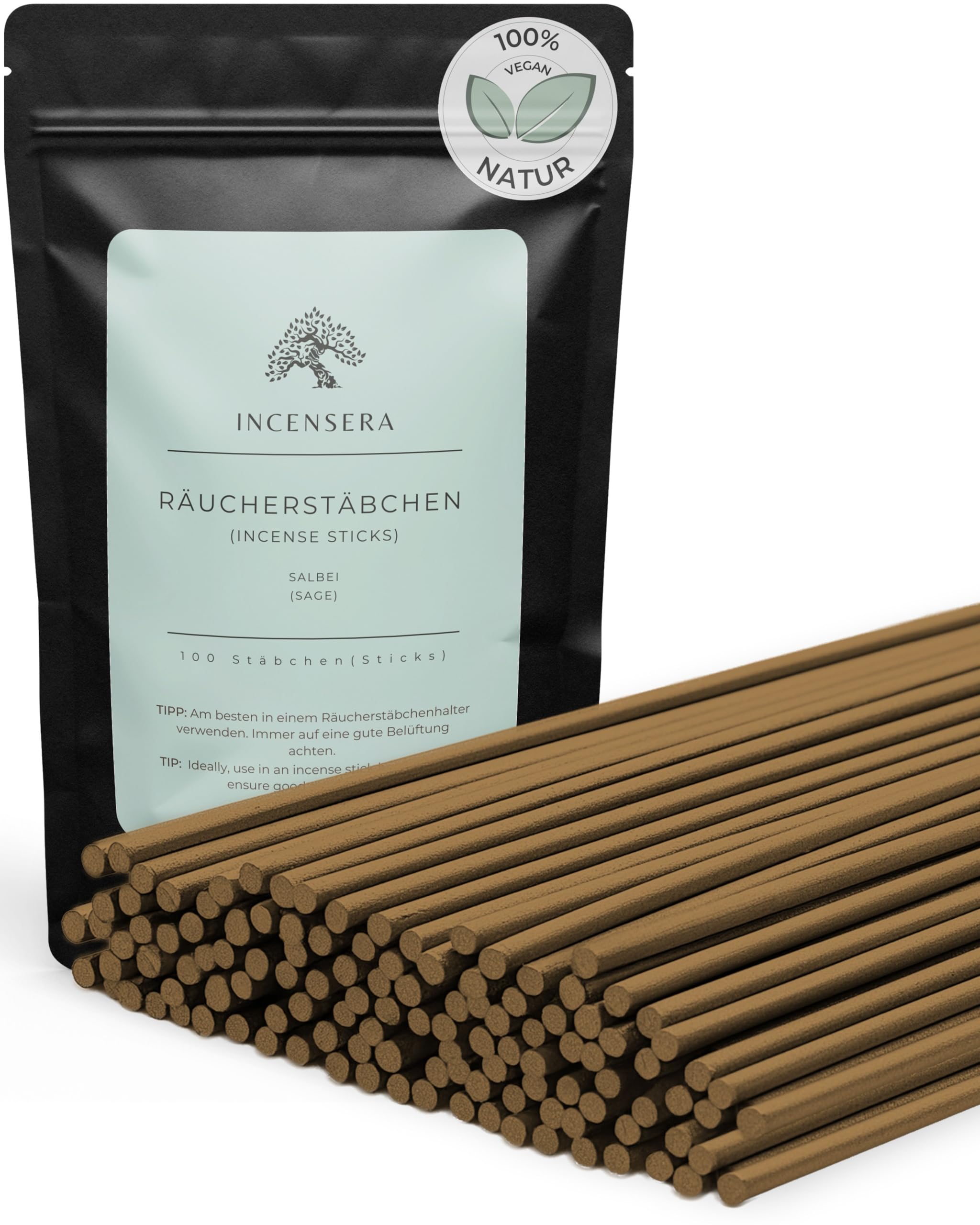 Incensera Räucherstäbchen Salbei – 100 Incense Sticks – naturrein & natürlich – Reinigung negativer Energie, Meditation, Yoga, Rauhnächte & Entspannung – Geschenkset