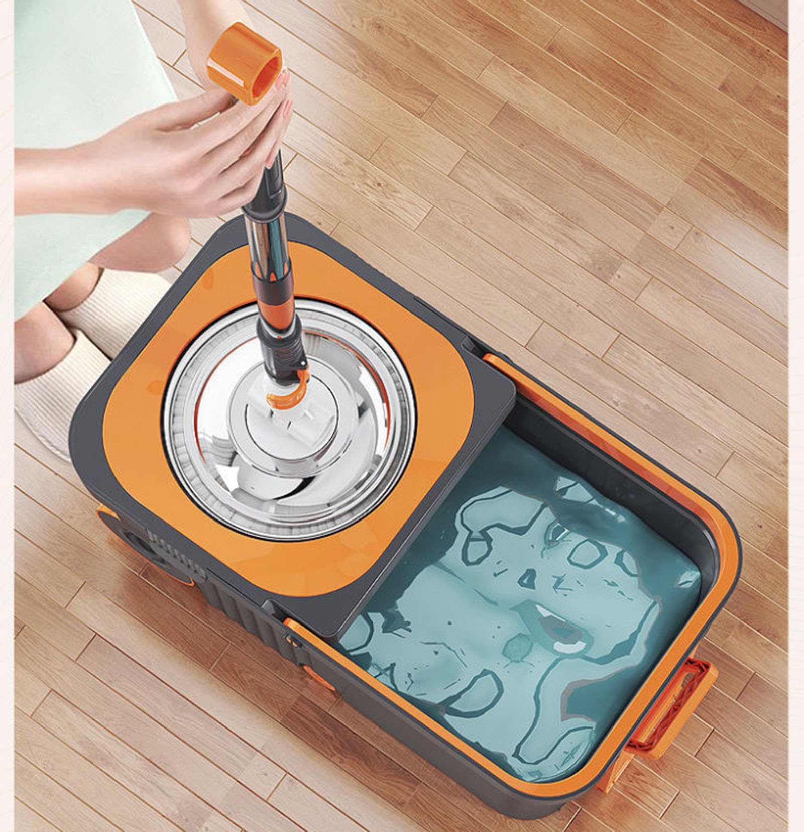 Juego de fregona cubo giratorios, cabezales de fregona dobles con 2 ruedas | Separa el agua limpia y sucia, trapeador para pisos con 2 cabezales de trapeador lavables para madera, azulejos, vinilo