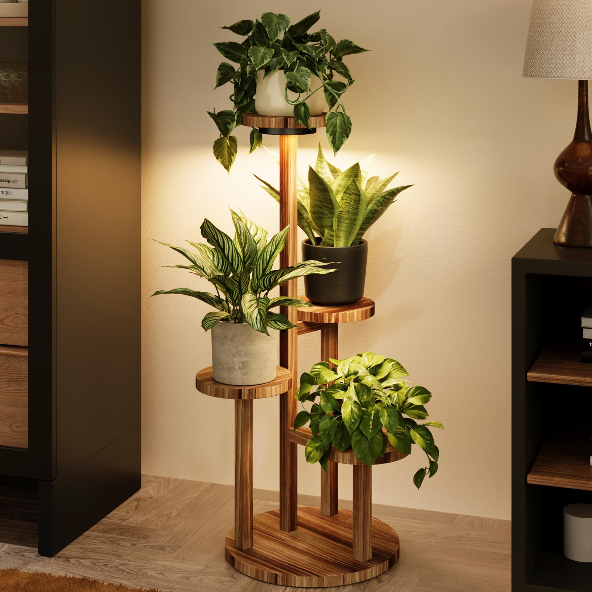 Bamworld Supporto per piante da interno con luci per coltivare piante mensola a 4 ripiani in legno