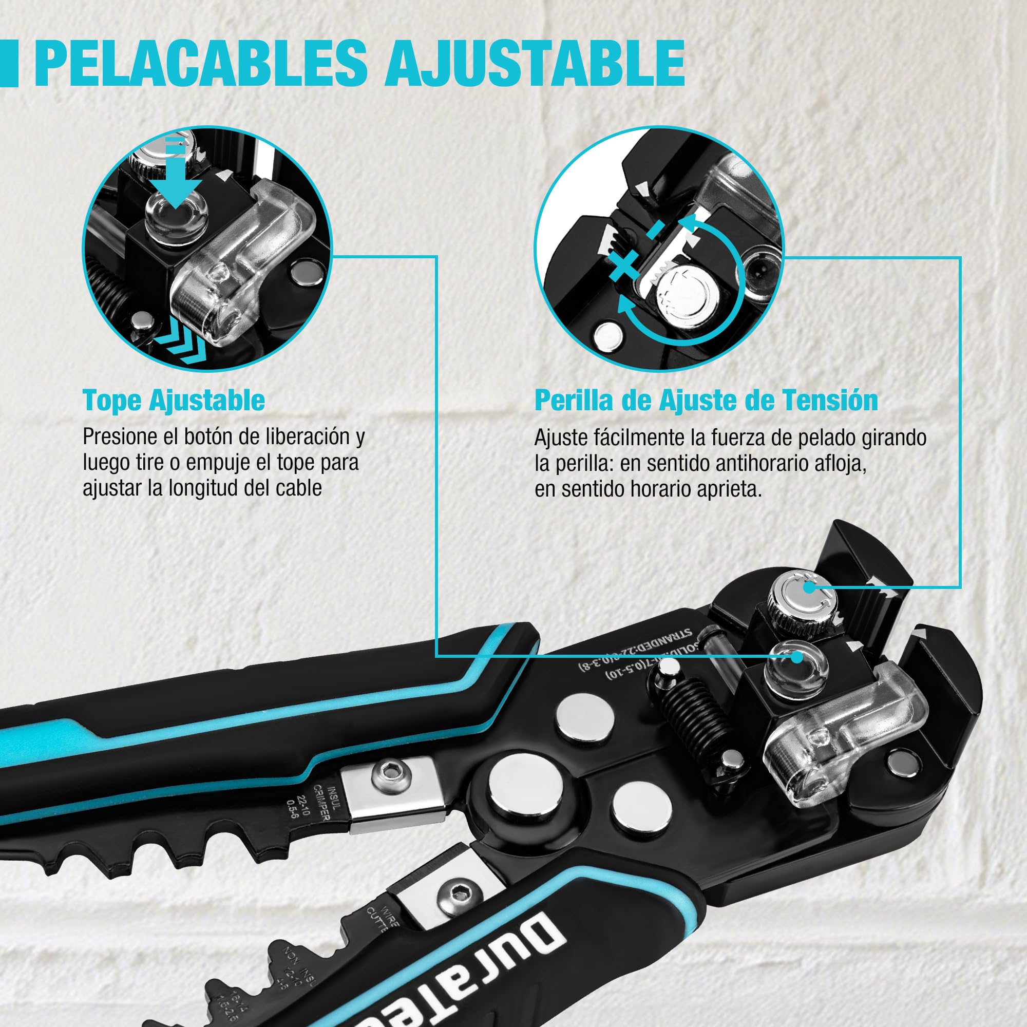 DURATECH Pelacables Automático Autoajustable 3 en 1 | Herramienta para Pelar, Cortar y Crimpar Cables de 0,5-10mm² y 0,3-8mm² para Trabajos Eléctricos