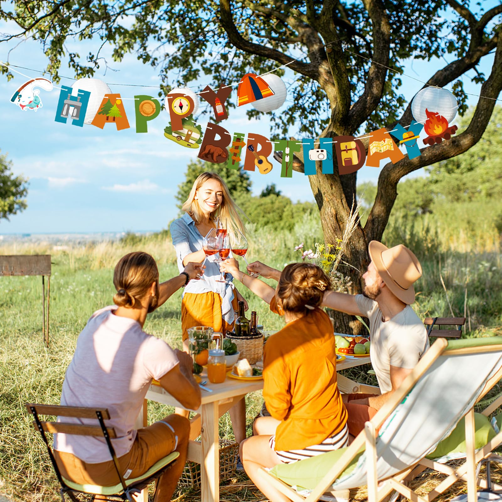 Lemicin Camping Happy Birthday Banner Camper Birthday Party Decoration Fun House Banner with Campfire Tent Oil Lamp Adventure Camping Birthday Party Decoration for Kids Boys Girls Outdoor Yard Campsite Decor
