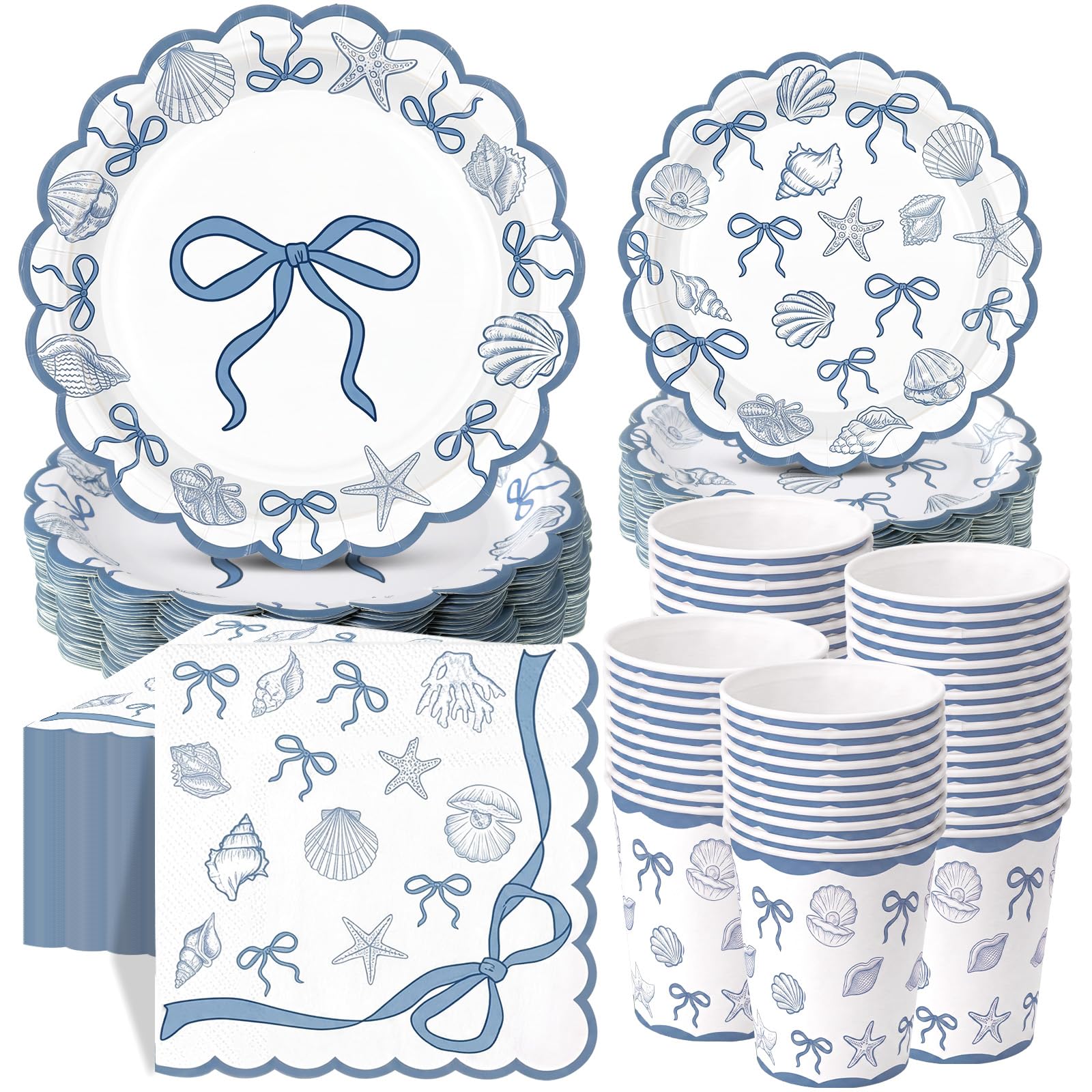 Pickmesh 250 Pcs Ocean Blue Bow Seashell Paper Napkins Plates Cups Set Ocean Themed Party Supplies Coastal Seashell Disposable Tableware for Summer Birthday Beach Wedding Dinner, Serve for 50 Guests