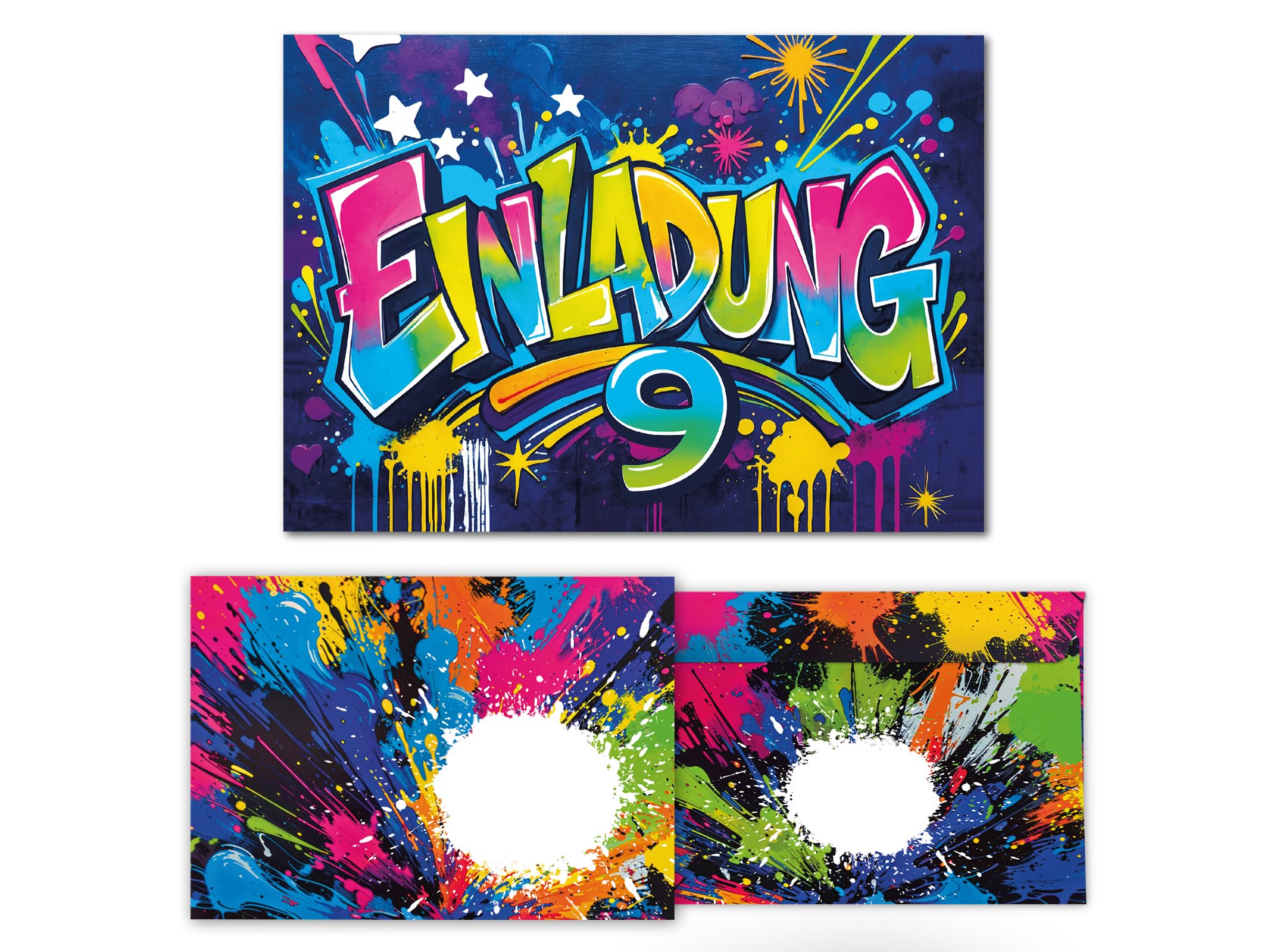 Junaversum 8 Einladungskarten inkl. 8 Umschläge zum 9. Kindergeburtstag Graffiti Mädchen Junge Kinder coole bunte Einladungen neunte Geburtstag Geburtstagseinladungen Kids